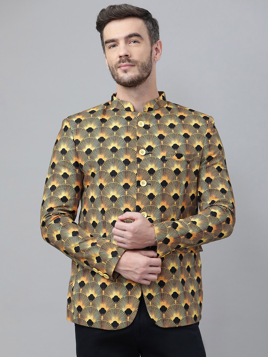 hangup trend Men Yellow & Black Printed Bandhgala Blazer