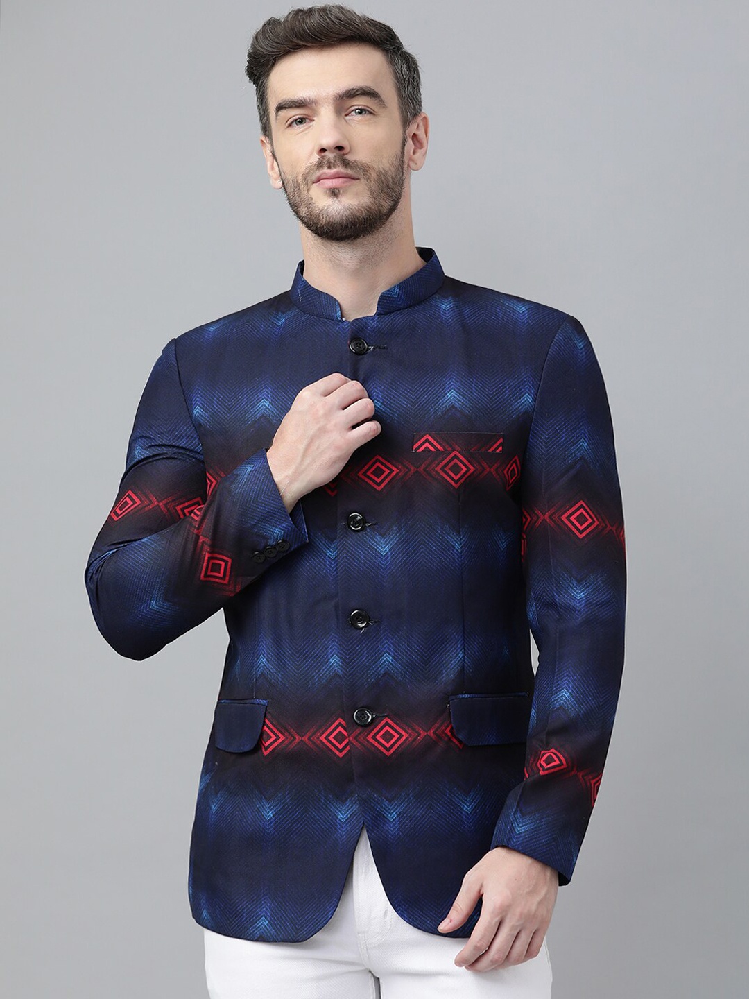 

hangup trend Men Blue Printed Single-Breasted Bandhgala Blazer