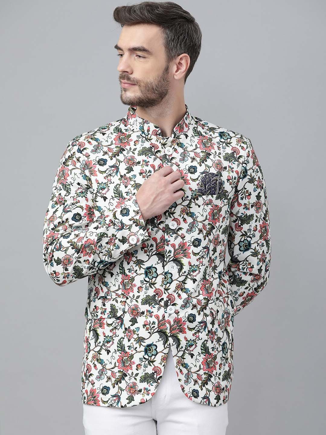 

hangup trend Men White & Pink Printed Bandhgala Blazer