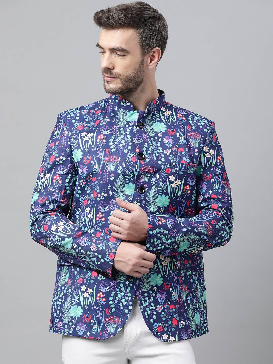 

hangup trend Men Blue & Pink Printed Bandhgala Blazer