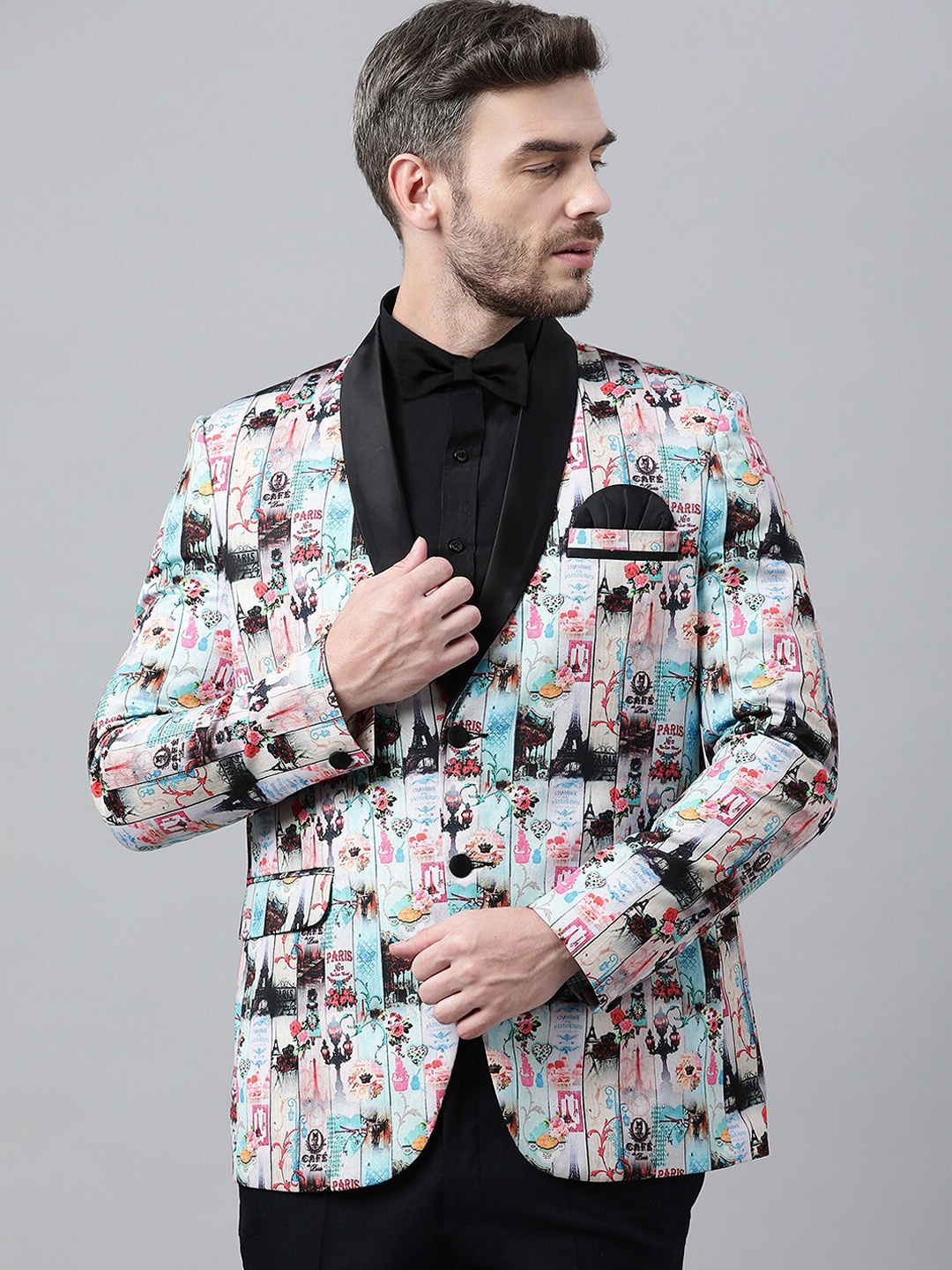 

hangup trend Men Blue & Black Printed Single-Breasted Blazer