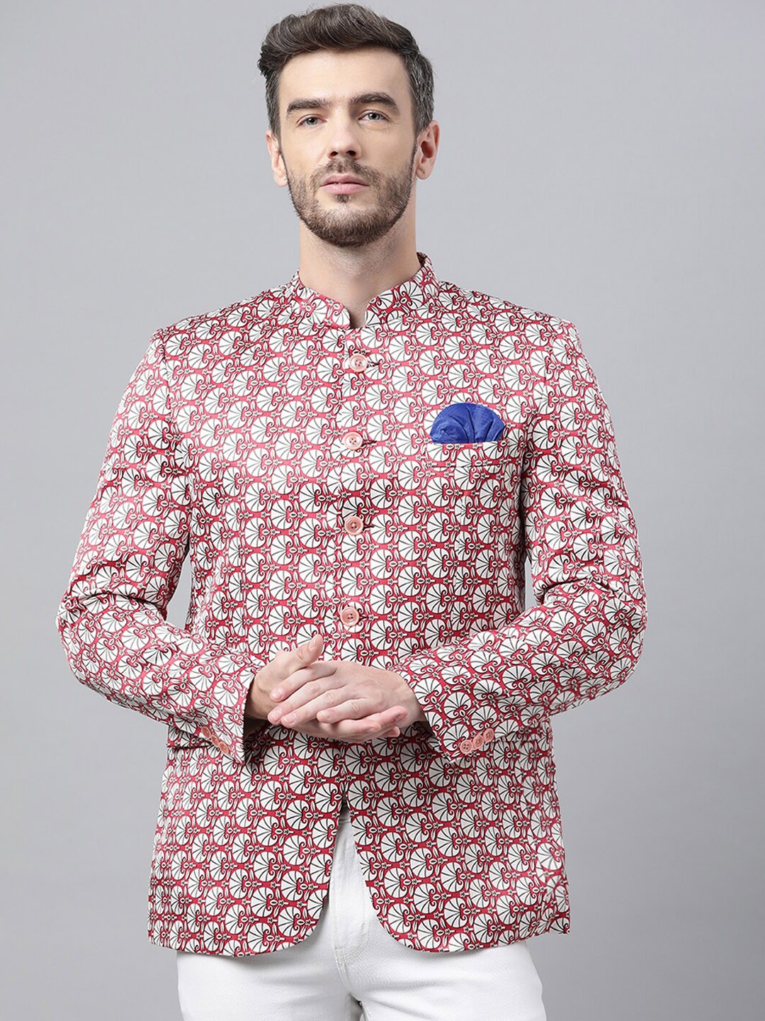 

hangup trend Men Red & White Printed Regular Fit Bandhgala Blazer