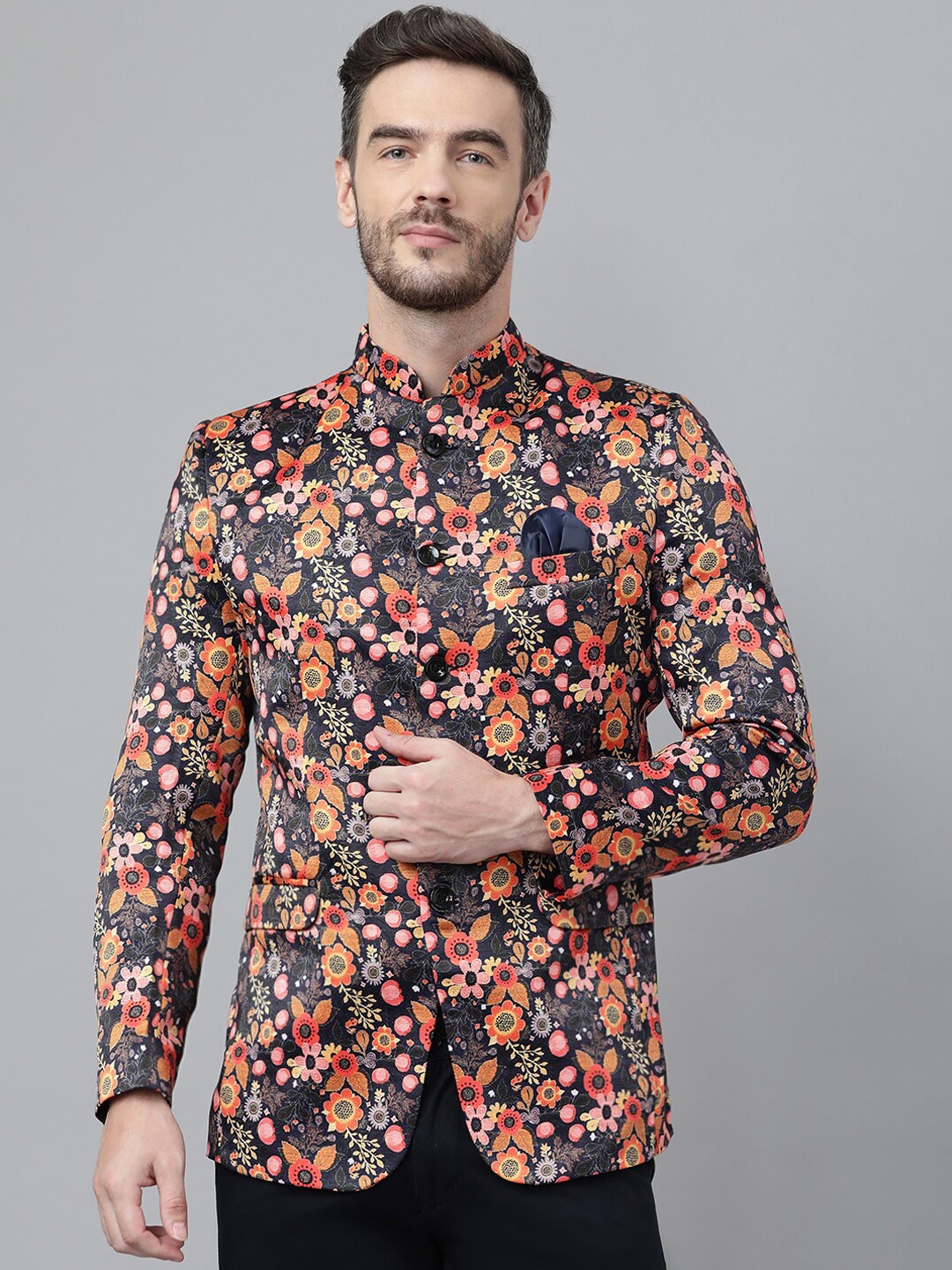 

hangup trend Men Black & Orange Printed Regular Fit Bandhgala Blazer