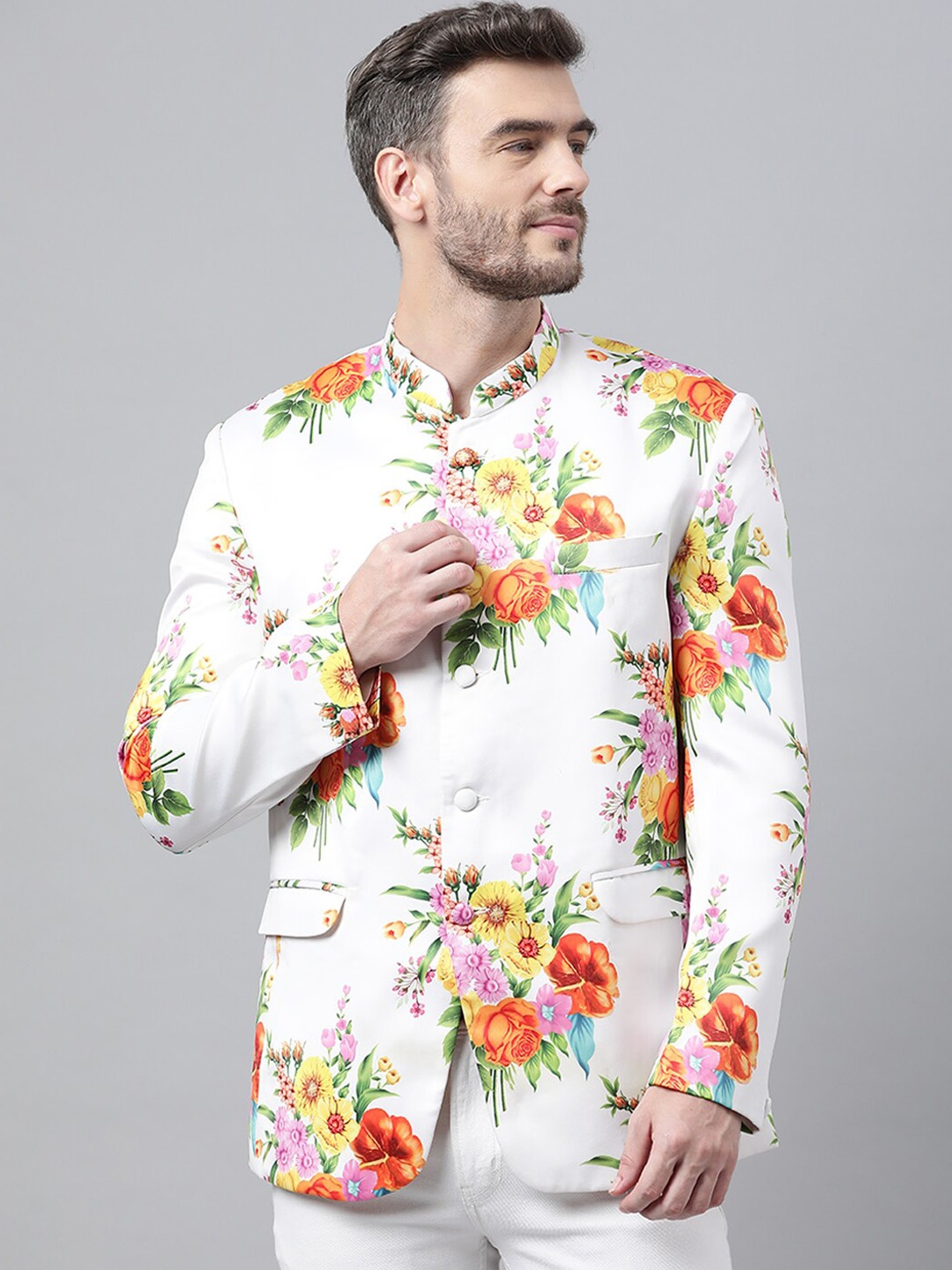 hangup trend Men White & Orange Floral Printed Bandhgala Blazer