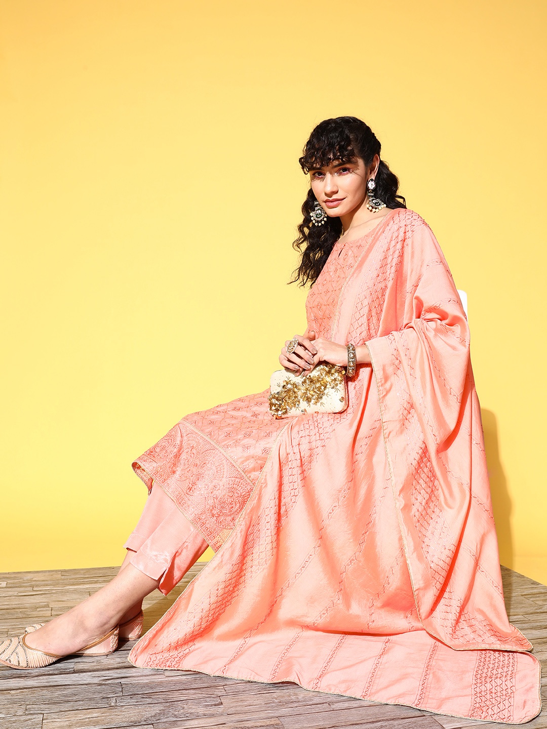 

Ishin Women Peach-Coloured Ethnic Motifs Embroidered Kurta with Trousers & With Dupatta