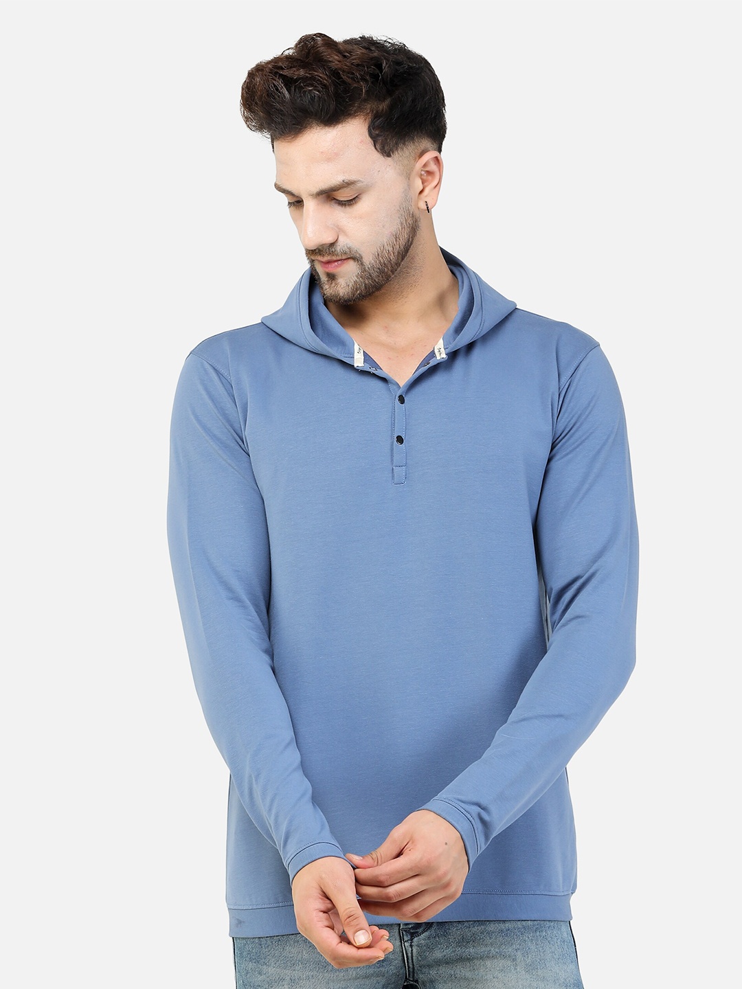 

COLVYNHARRIS JEANS Men Blue Hooded Cotton Sweatshirt