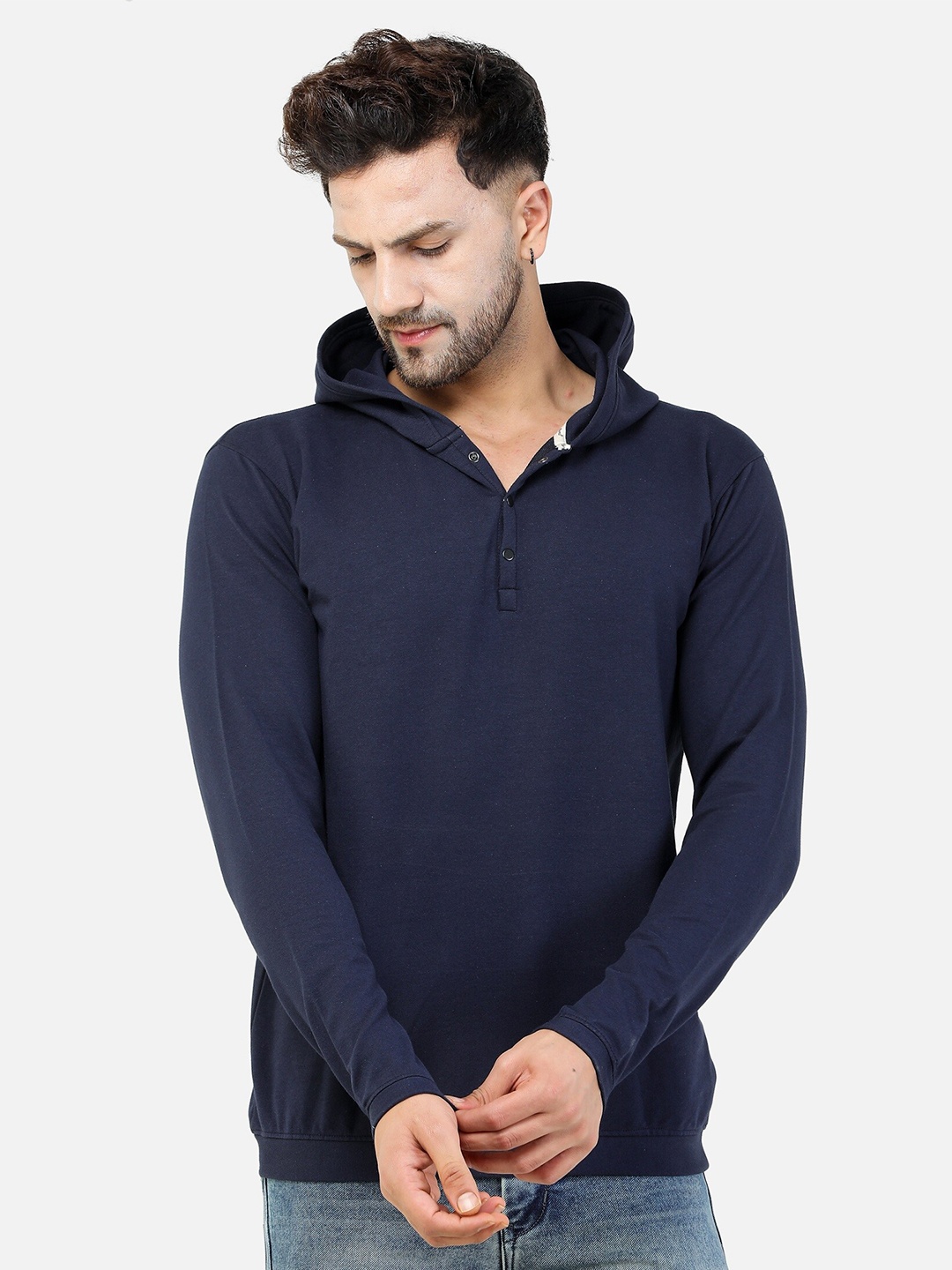 

COLVYNHARRIS JEANS Men Cotton Navy Blue Hooded Sweatshirt