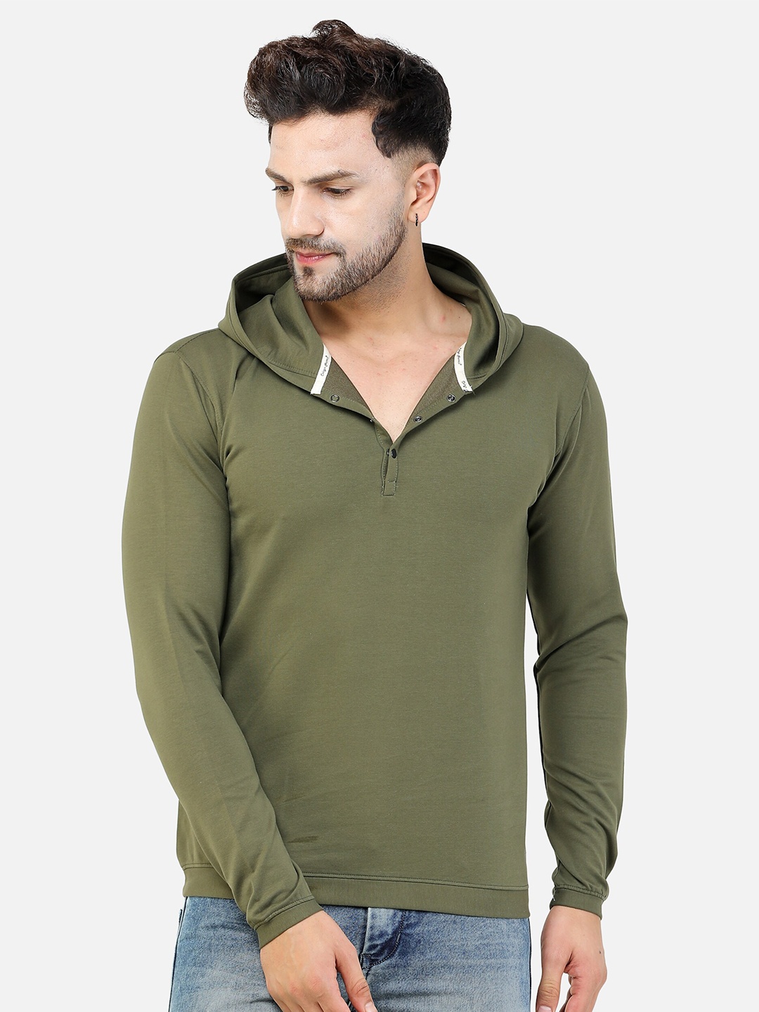 

COLVYNHARRIS JEANS Men Green Cotton Hooded Sweatshirt