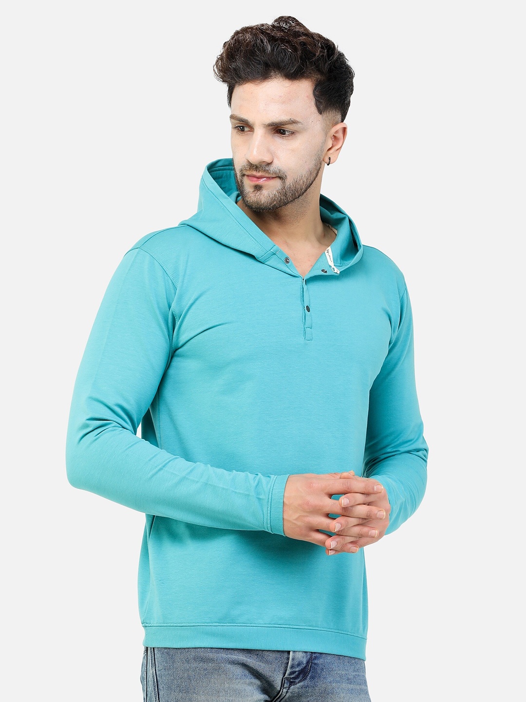 

COLVYNHARRIS JEANS Men Blue Hooded Cotton Sweatshirt