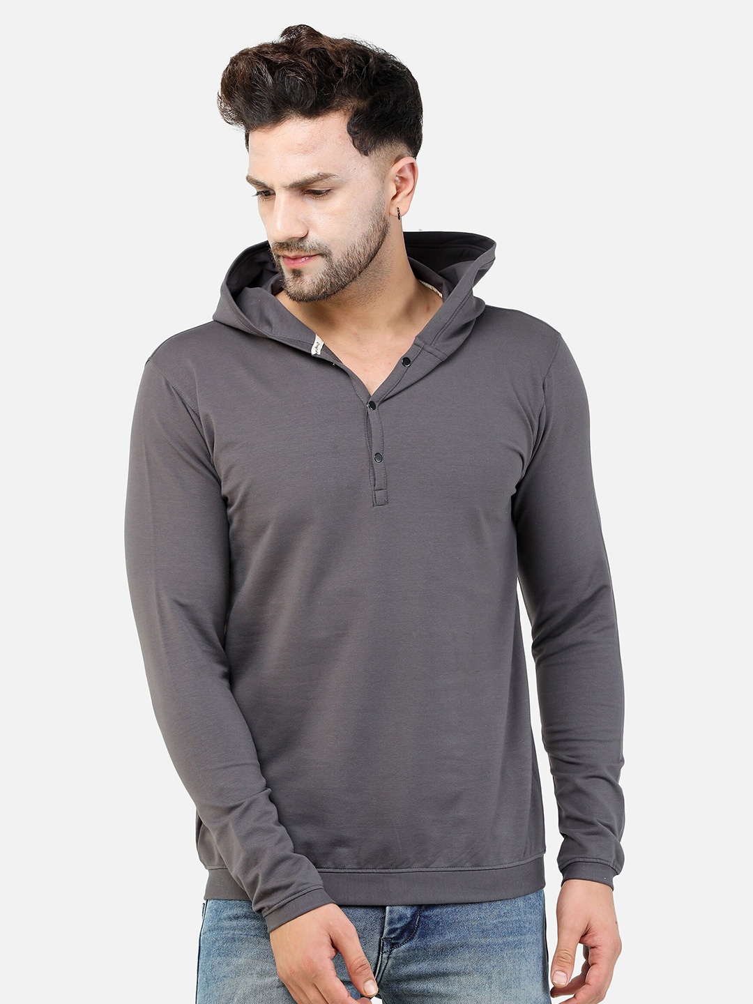 

COLVYNHARRIS JEANS Men Grey Hooded Cotton Sweatshirt