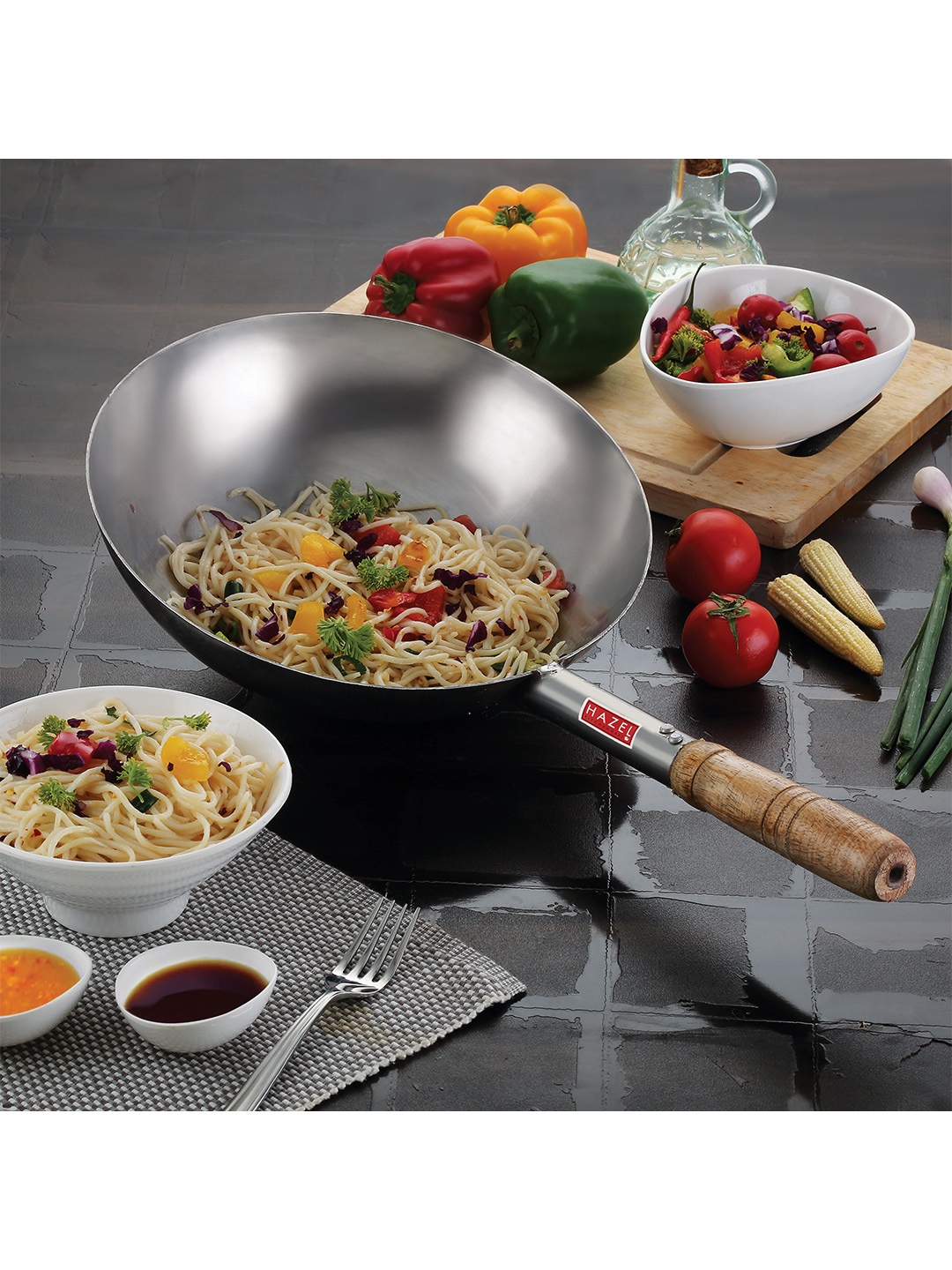 

HAZEL Silver-Toned Stainless Steel Chinese Wok Kadhai With Wooden Handle 3.5 L