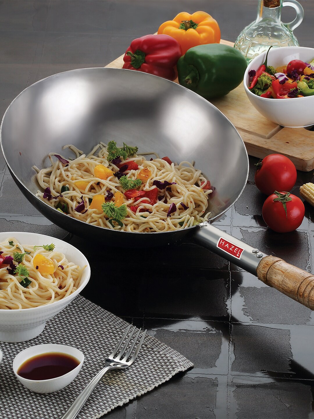 

HAZEL Silver-Toned Solid Stainless Steel Wok Cookware with Wooden Handle 2.9 L