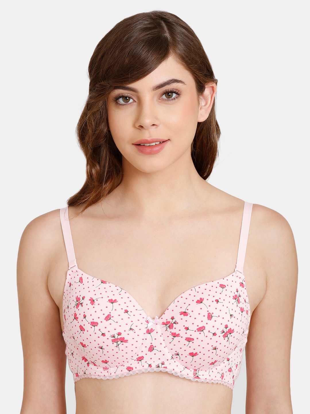 

Rosaline by Zivame Pink & Green Cotton Floral Bra Underwired Lightly Padded