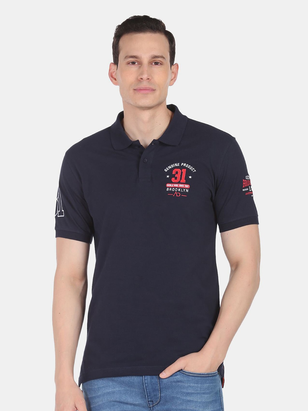 

AD By Arvind Men Navy Blue Polo Collar Slim Fit Pure Cotton T-shirt