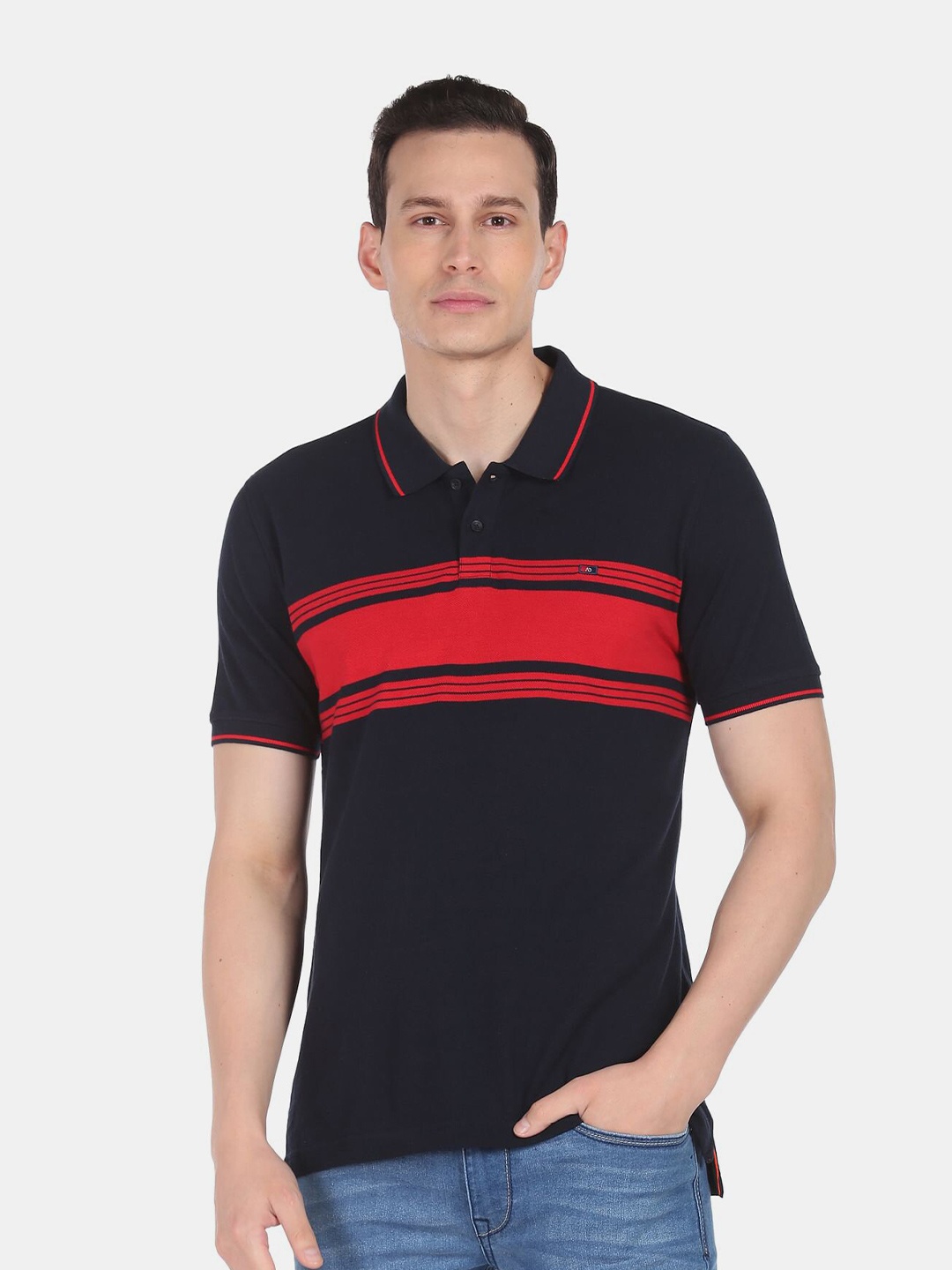 

AD By Arvind Men Navy Blue Polo Collar Slim Fit Pure Cotton T-shirt