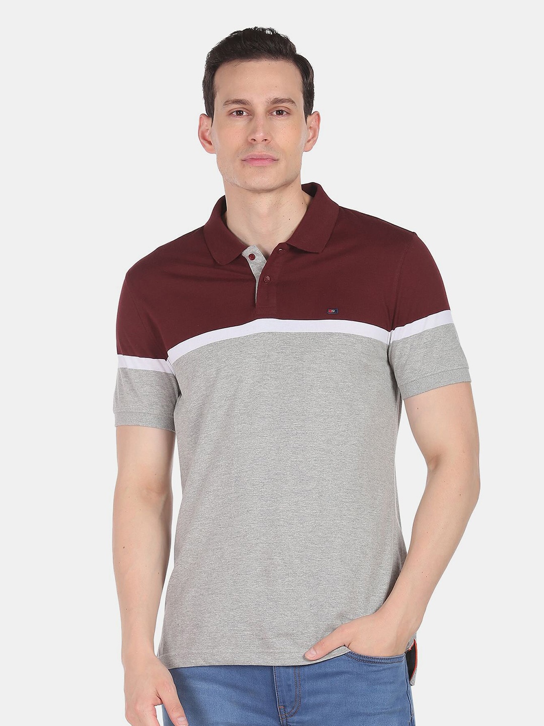 

AD By Arvind Colourblocked Polo Collar Slim Fit Pure Cotton T-shirt, Grey