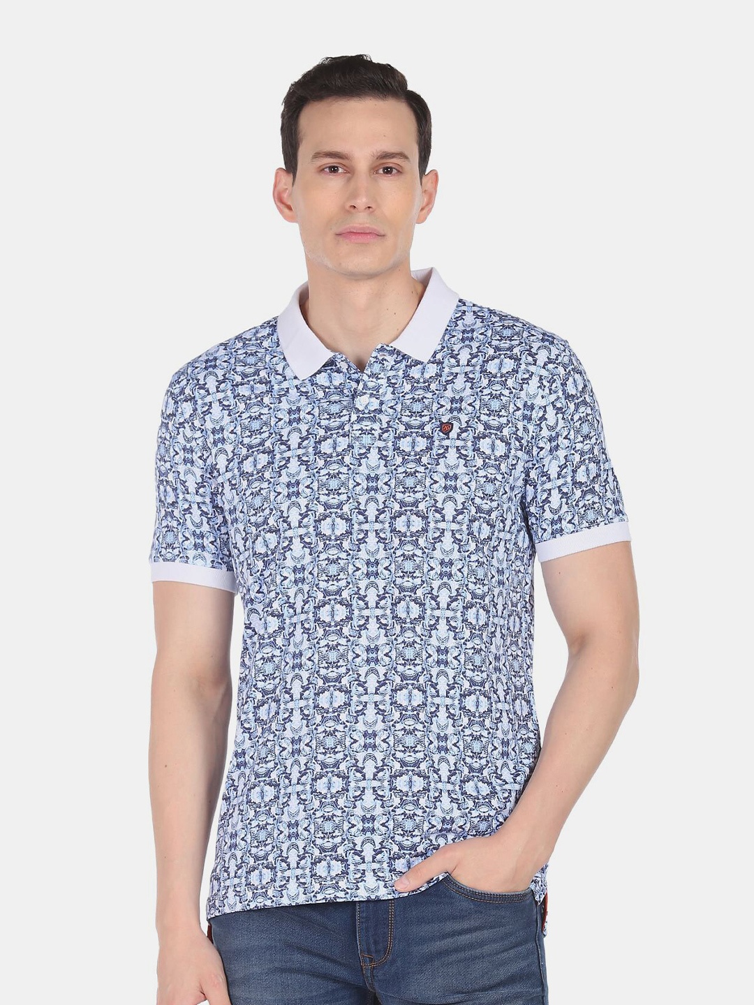 

AD By Arvind Printed Polo Collar Slim Fit Pure Cotton T-shirt, Blue