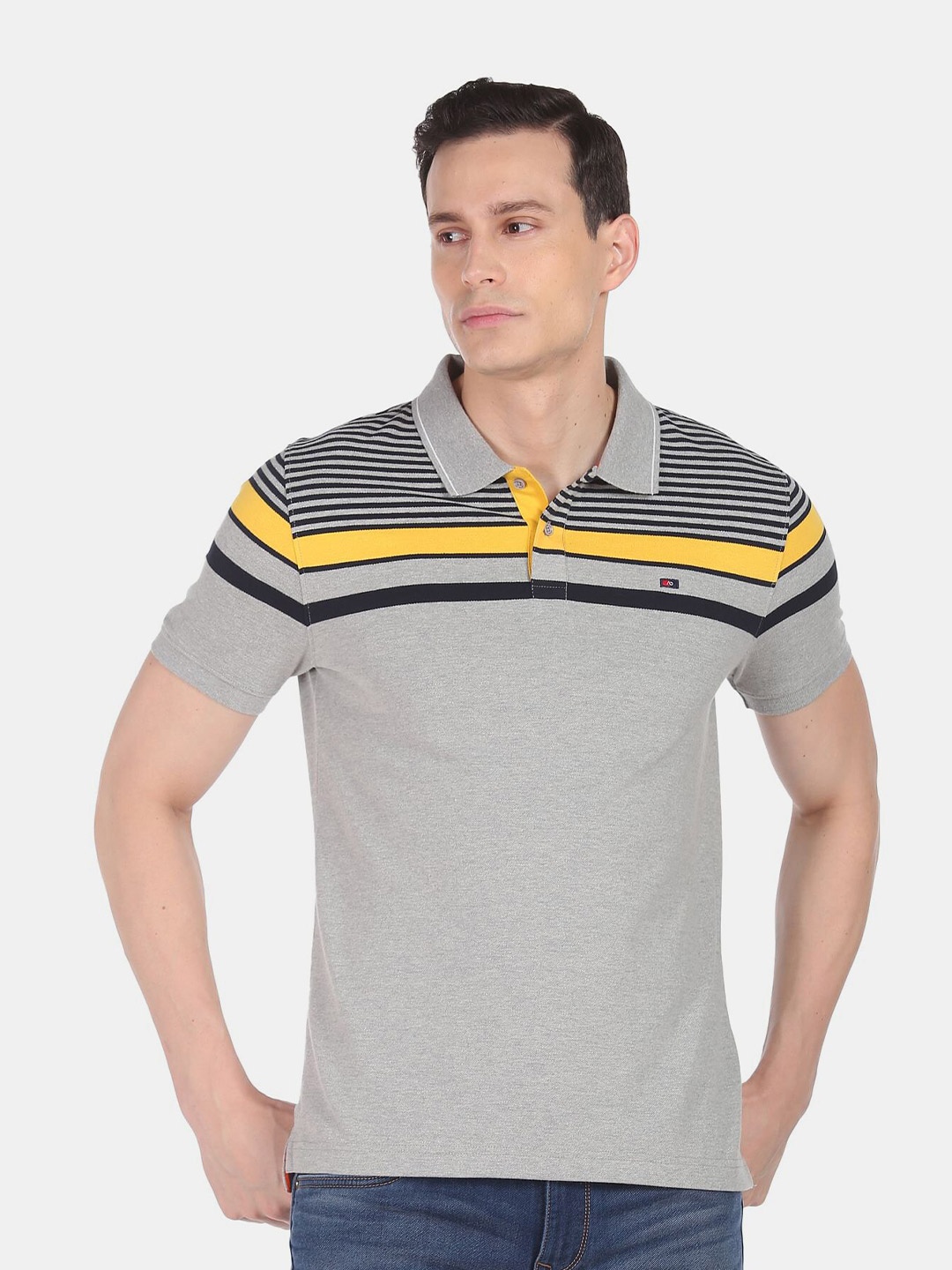 

AD By Arvind Striped Polo Collar Slim Fit Pure Cotton T-shirt, Grey