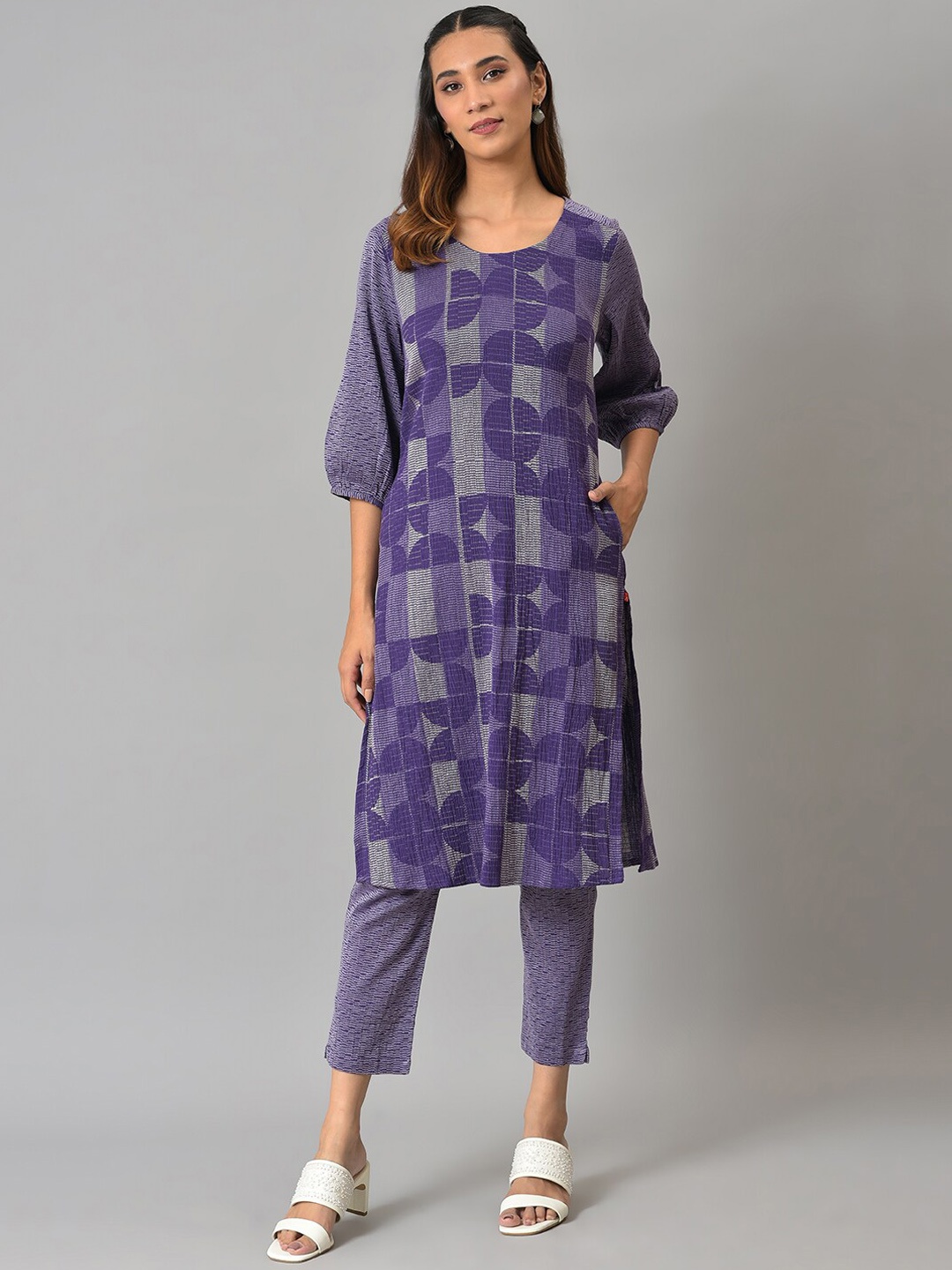 

W Printed Cotton Kurta with Trousers, Purple