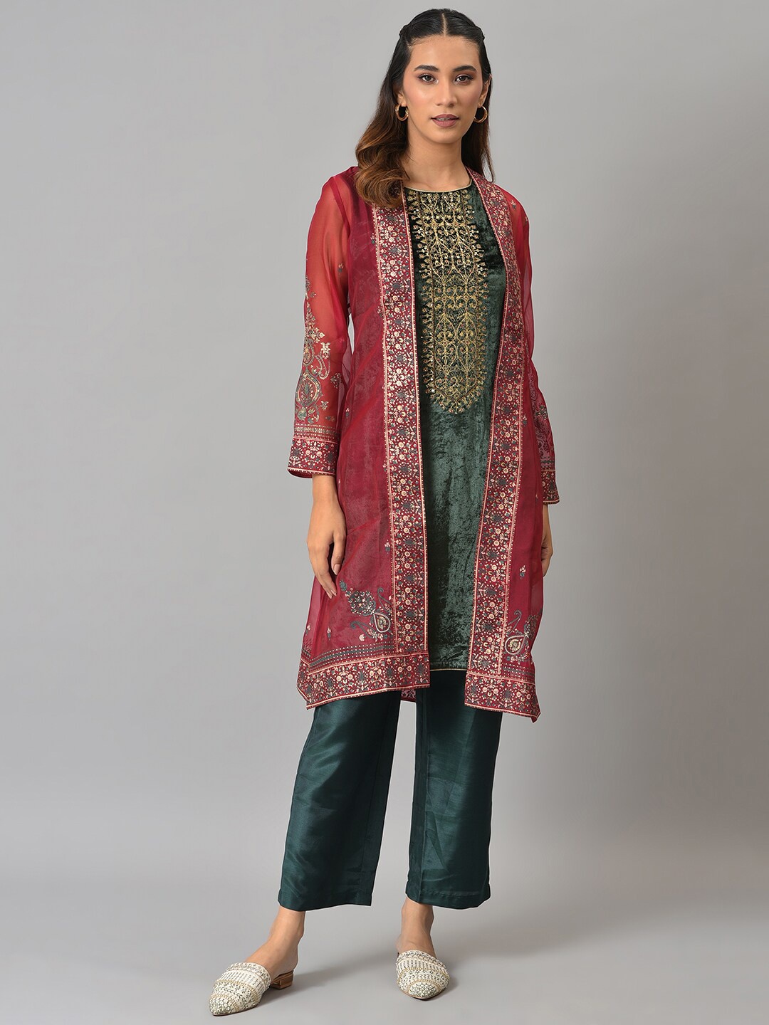 

WISHFUL Women Red Ethnic Motifs Yoke Design Kurta with Trouser