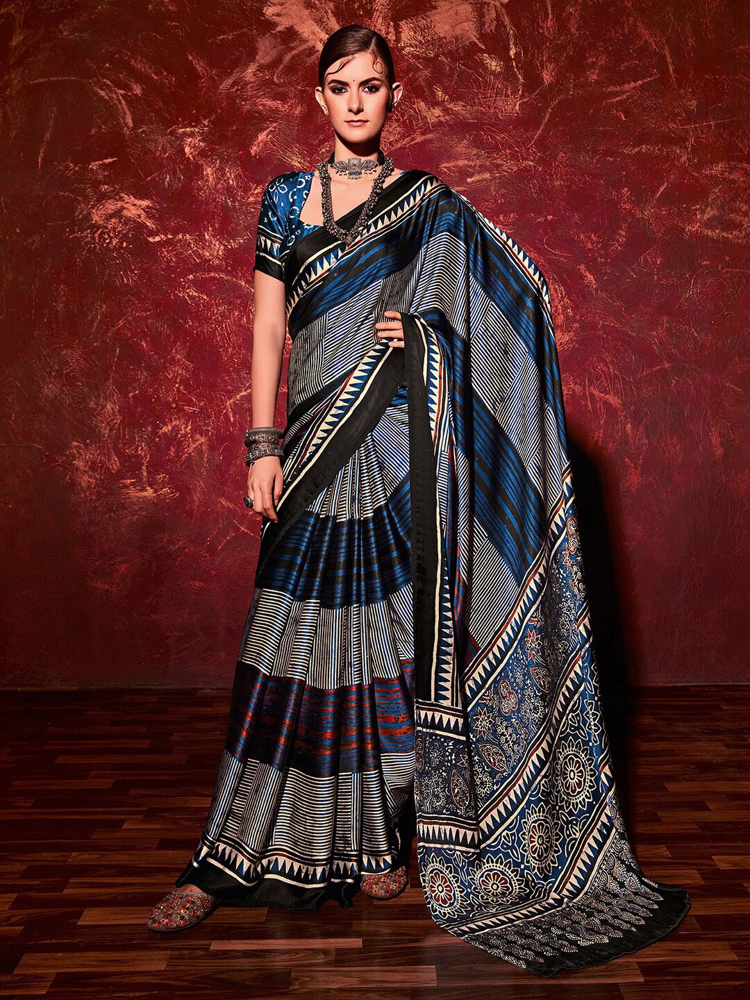 

Saree mall Navy Blue & Black Striped Satin Sarees