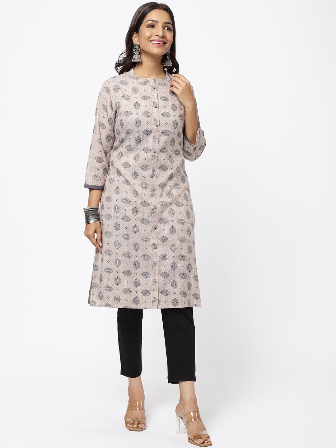

R&B Women Grey Cotton Ethnic Motifs Printed Thread Work Kurta