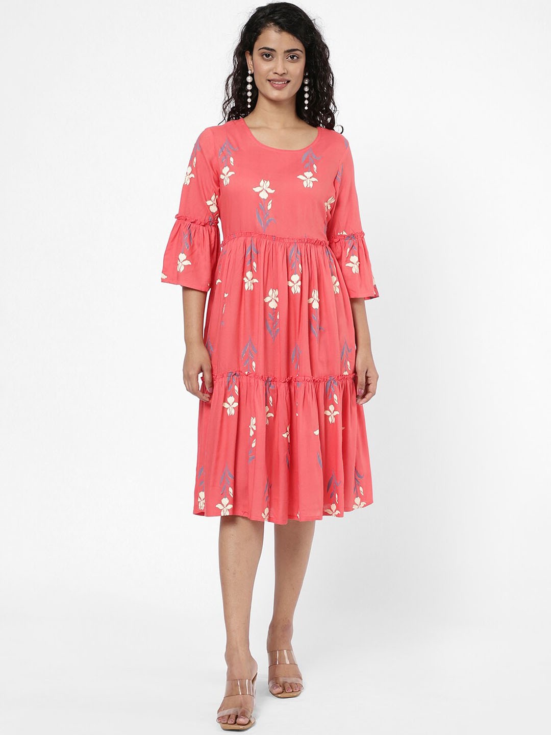 

R&B Women Peach-Coloured Floral Printed Bell Sleeves Anarkali Kurta