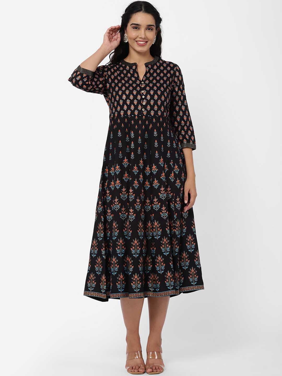 

R&B Women Black & Orange Ethnic Motifs Printed Kurta