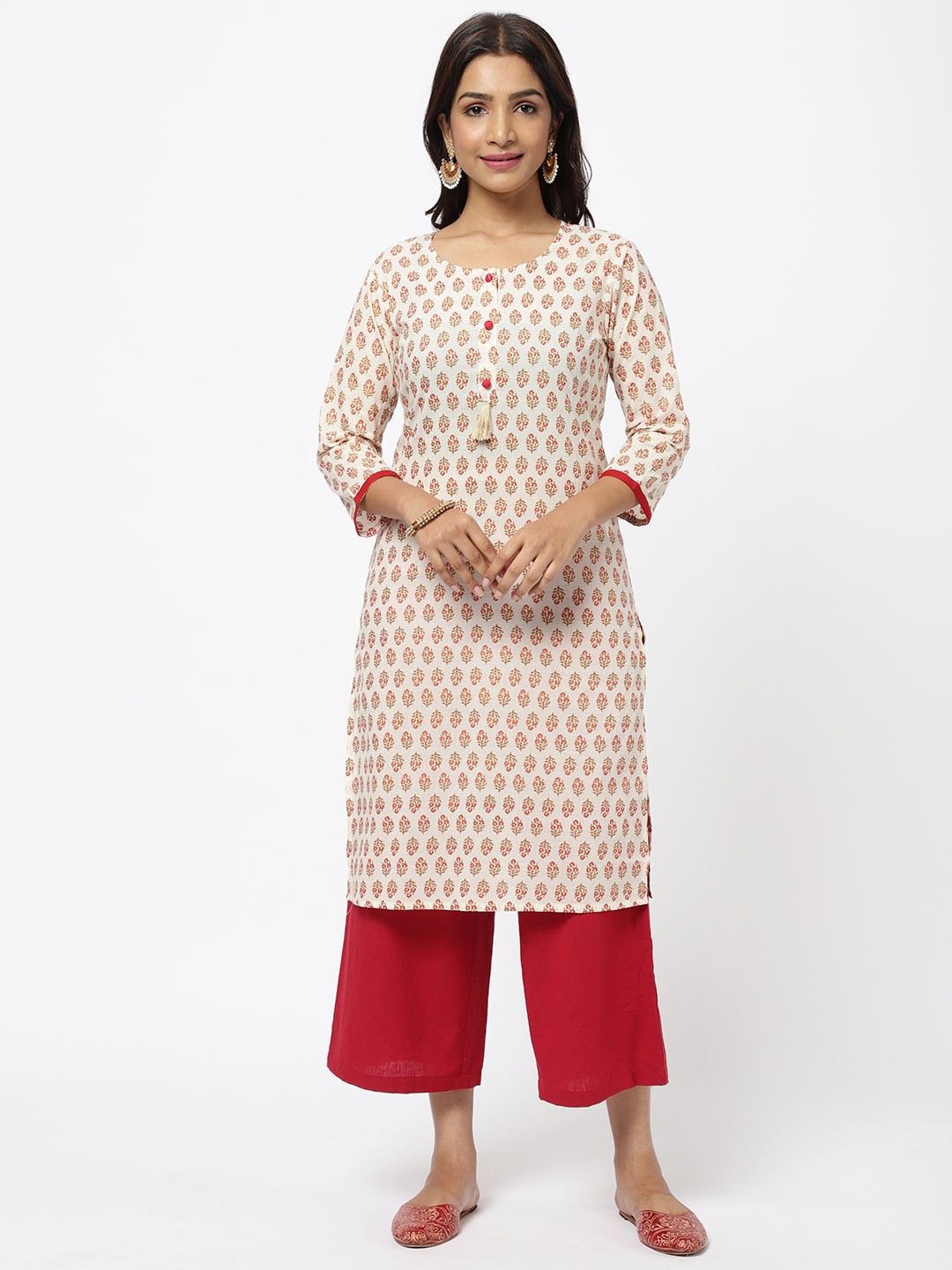

R&B Women Beige & Red Floral Printed Cotton Kurta
