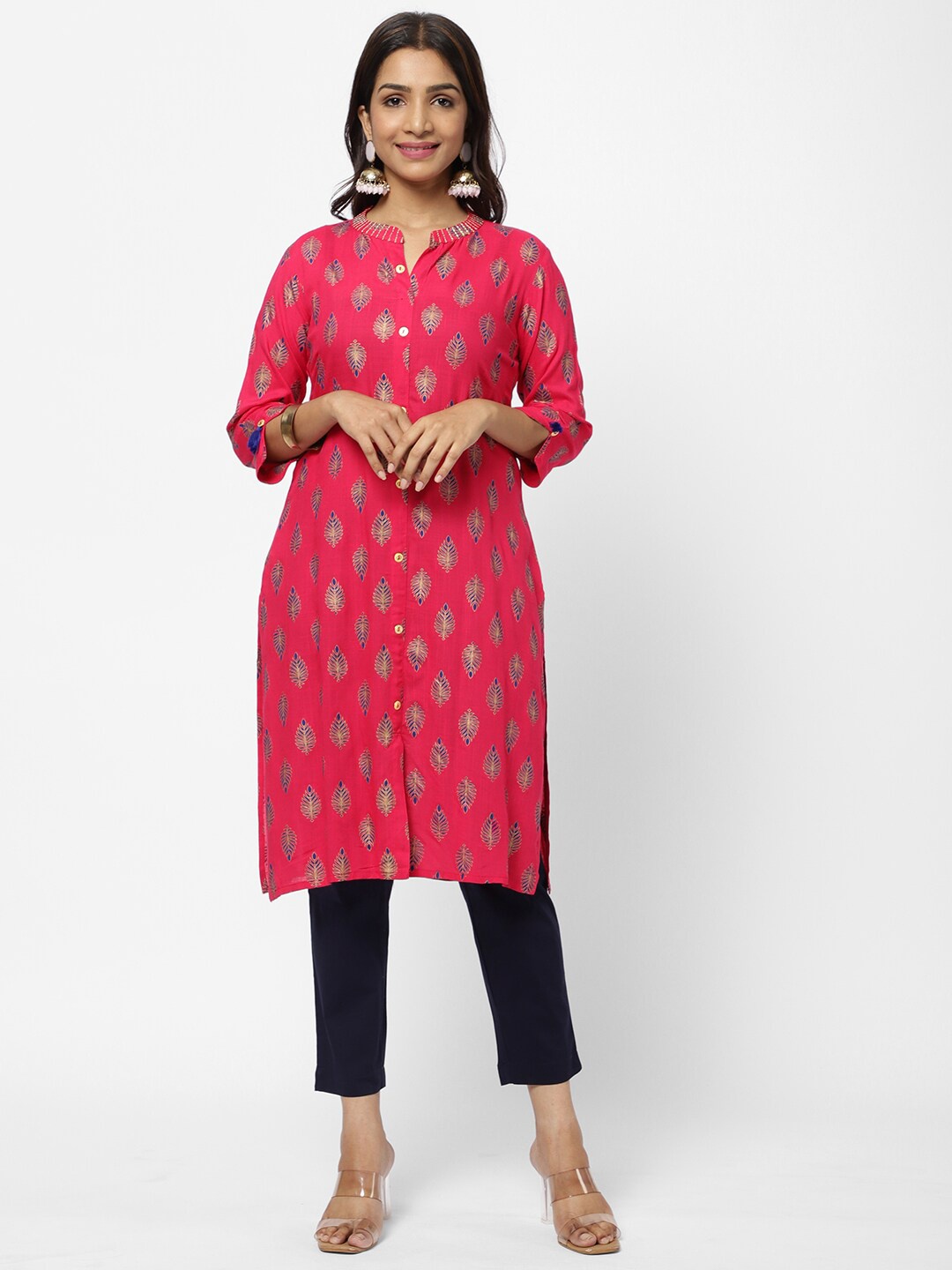 

R&B Women Fuchsia Pink Ethnic Motifs Printed Foil Print Kurta