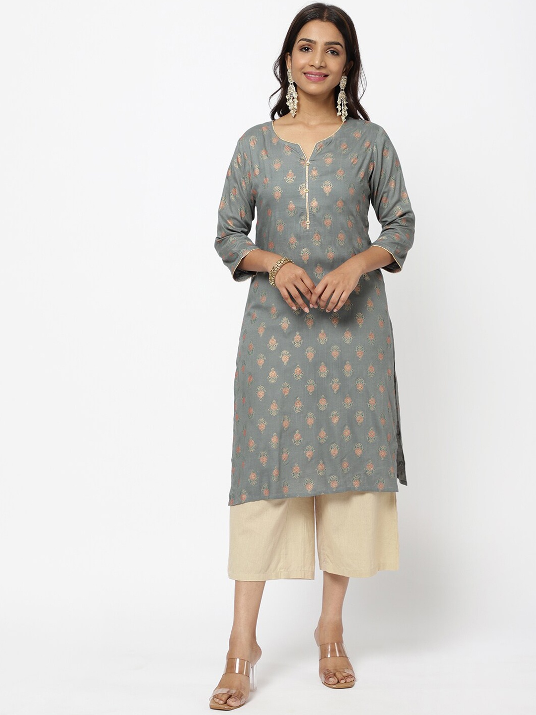 

R&B Women Grey & Beige Ethnic Motifs Printed Kurta