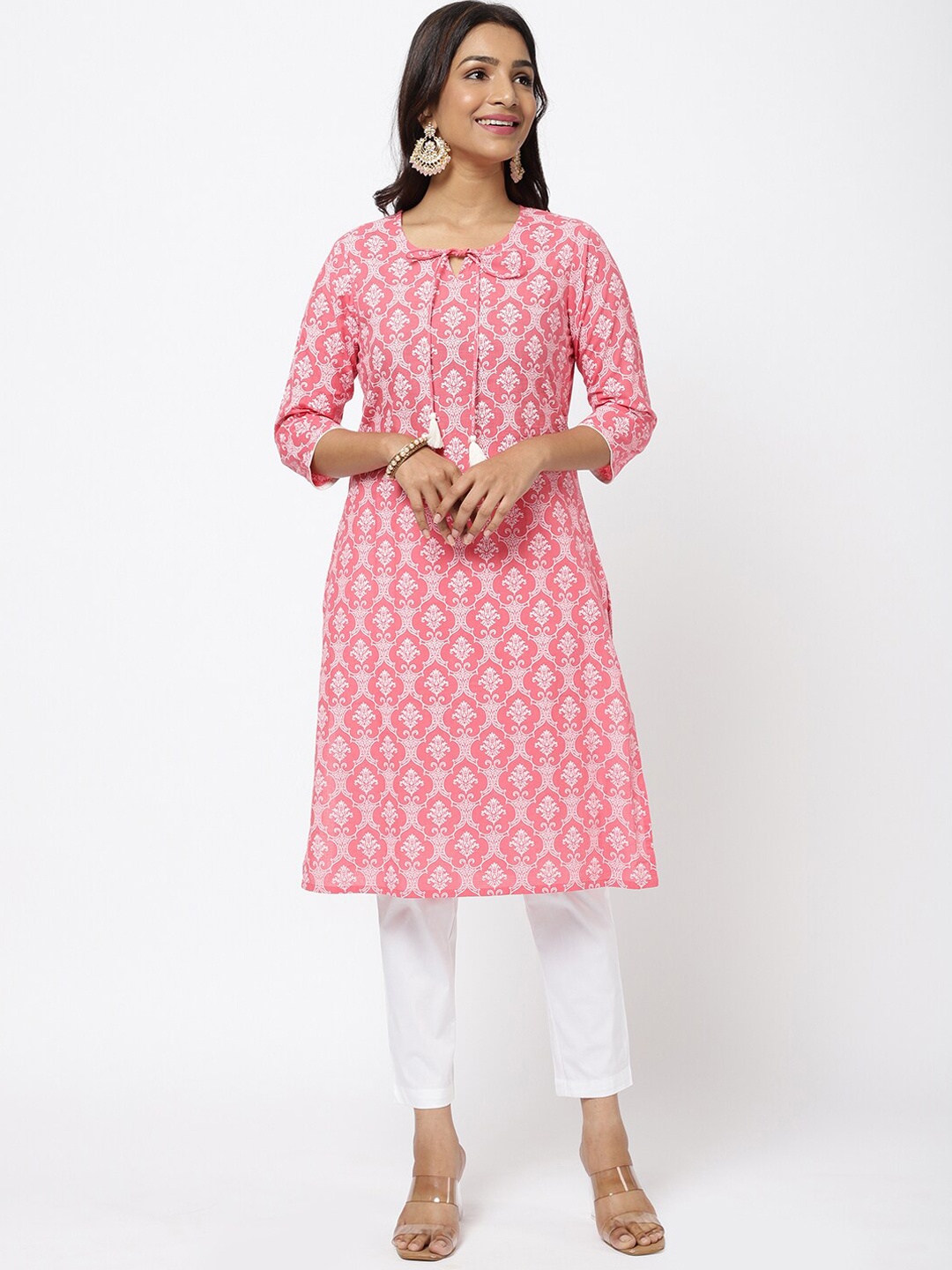 

R&B Women Pink & White Printed Cotton Straight Kurta