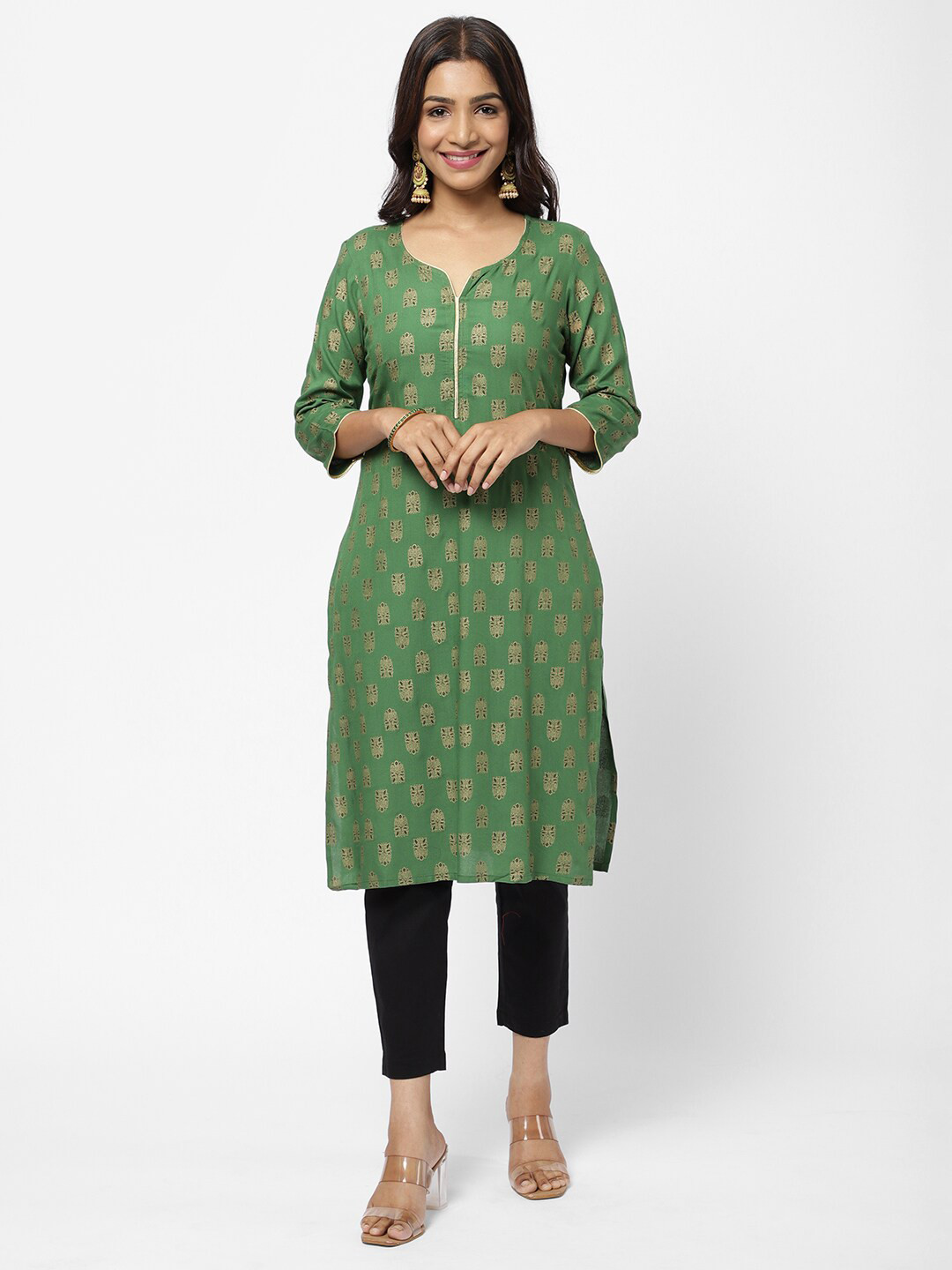 

R&B Women Green & Gold Ethnic Motifs Printed Straight Kurta