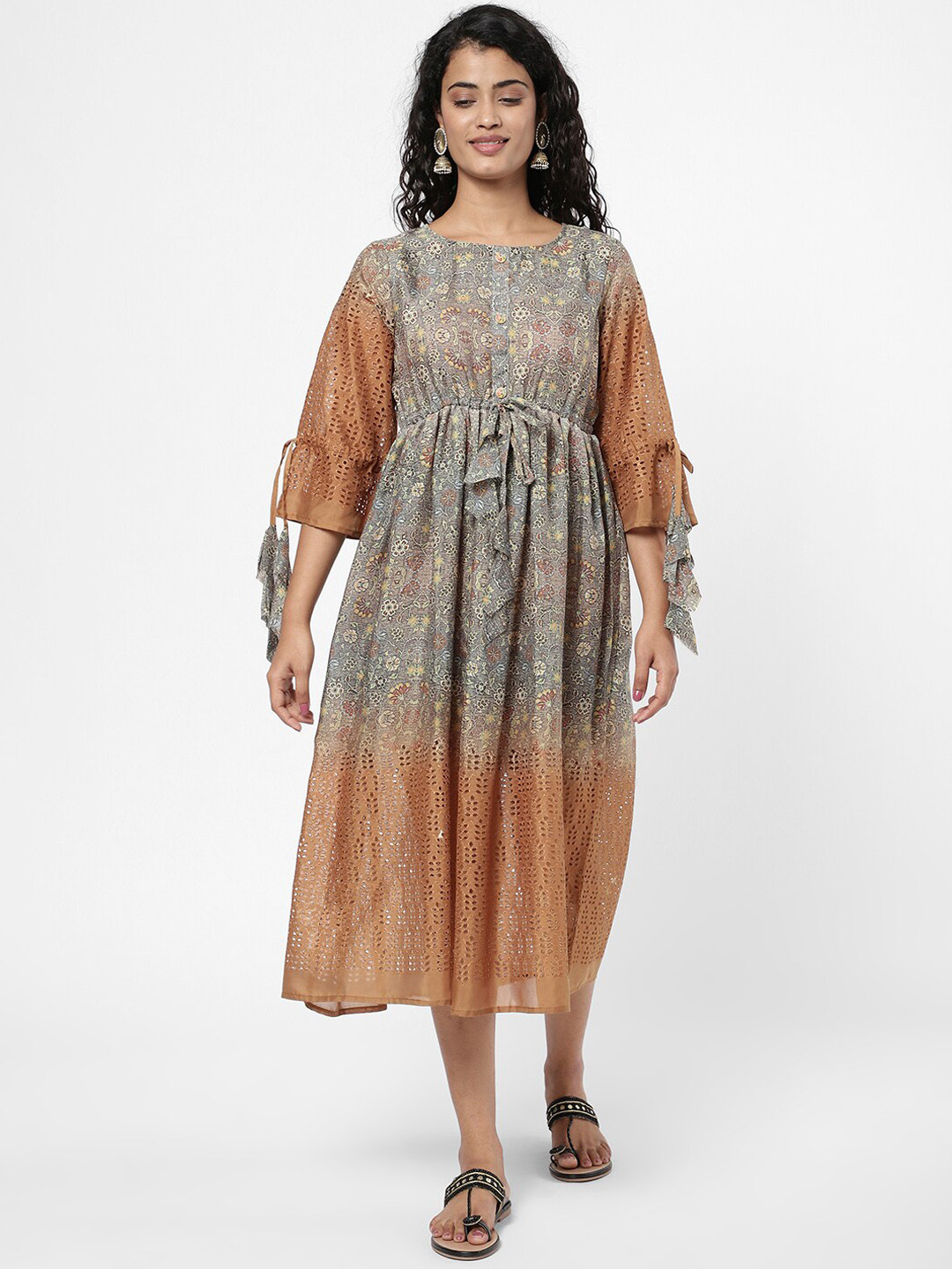 

R&B Women Brown & Grey Ethnic Motifs Midi Dress