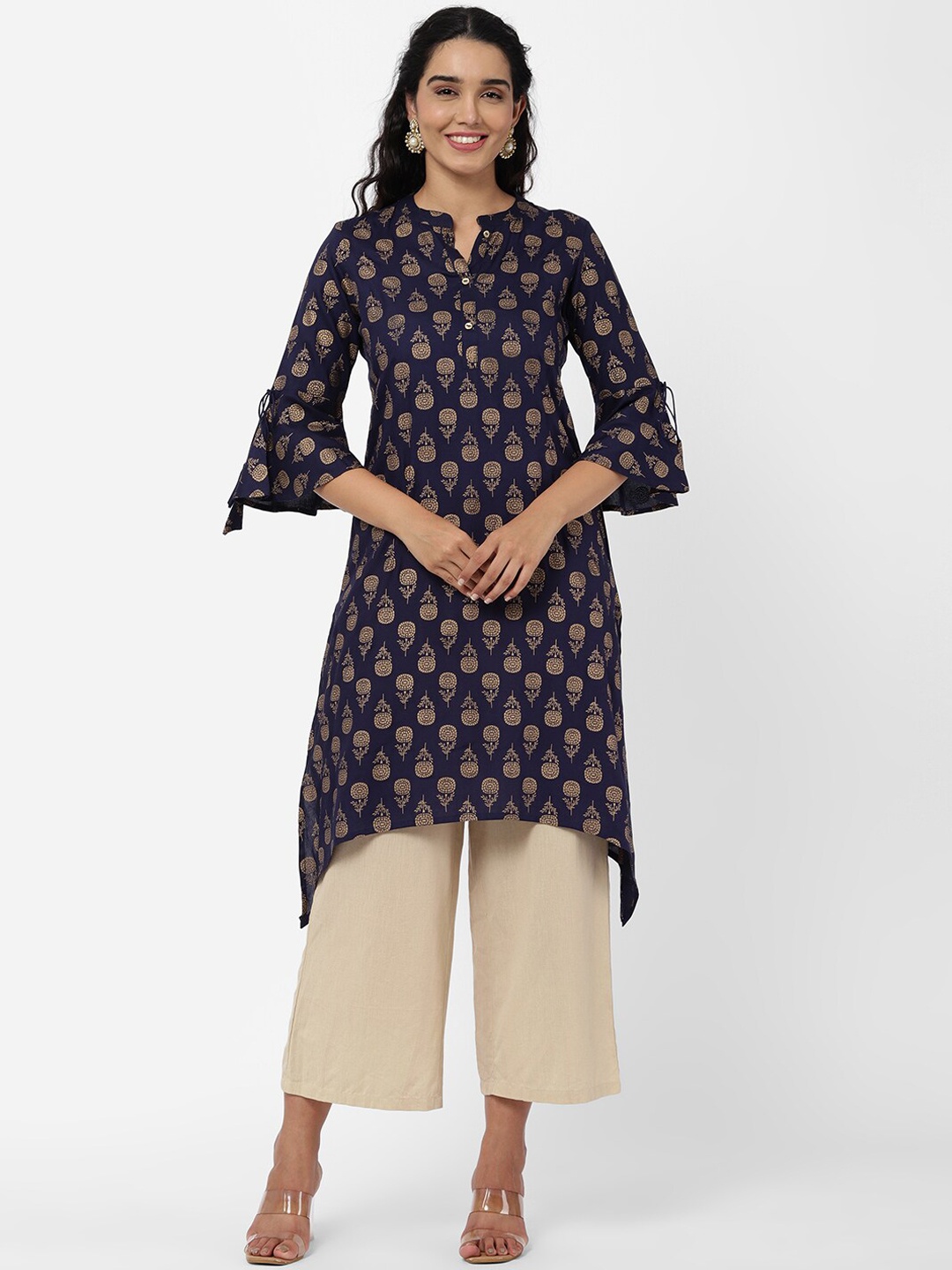 

R&B Women Blue & Gold-Toned Ethnic Motifs Printed Bell Sleeves Kurta