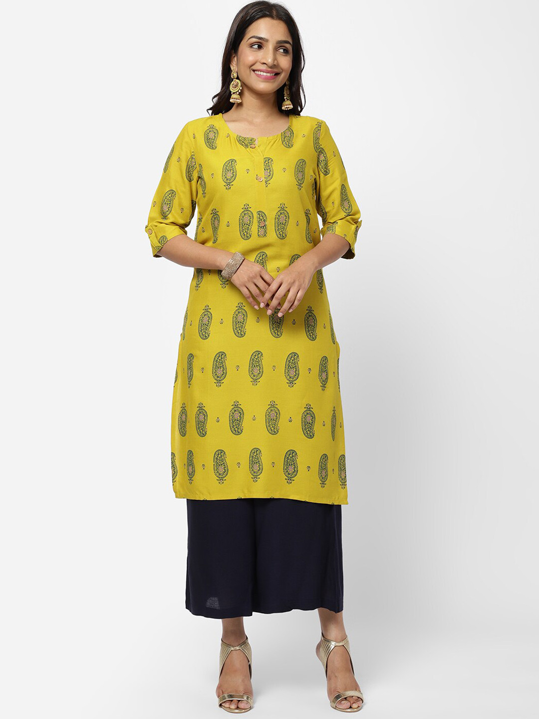 

R&B Women Yellow & Navy Blue Ethnic Motifs Printed Kurta