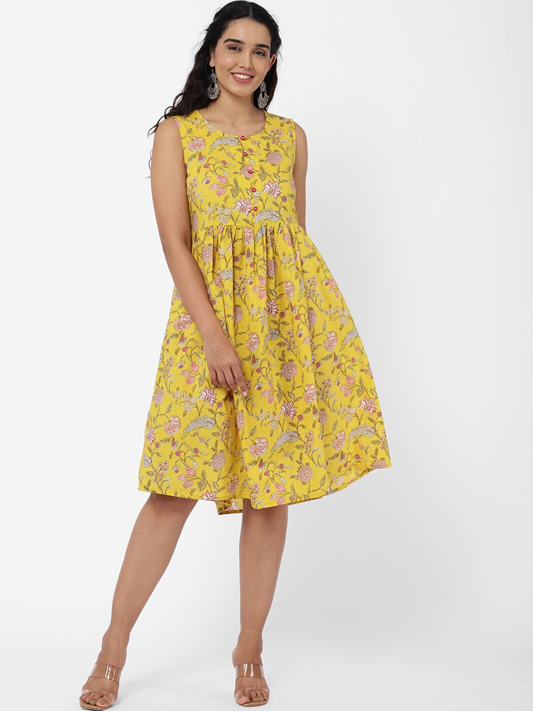 

R&B Yellow Floral Printed Cotton Dress