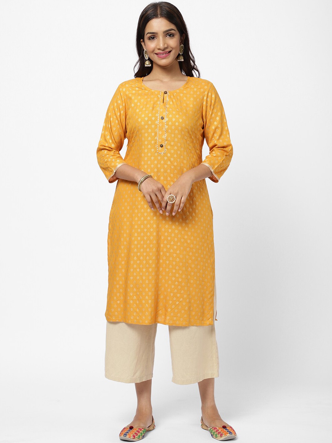 

R&B Women Mustard Yellow & Gold Printed Keyhole Neck Straight Kurta