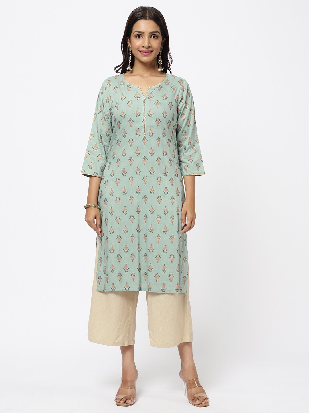 

R&B Women Green & Beige Ethnic Motifs Printed Kurta