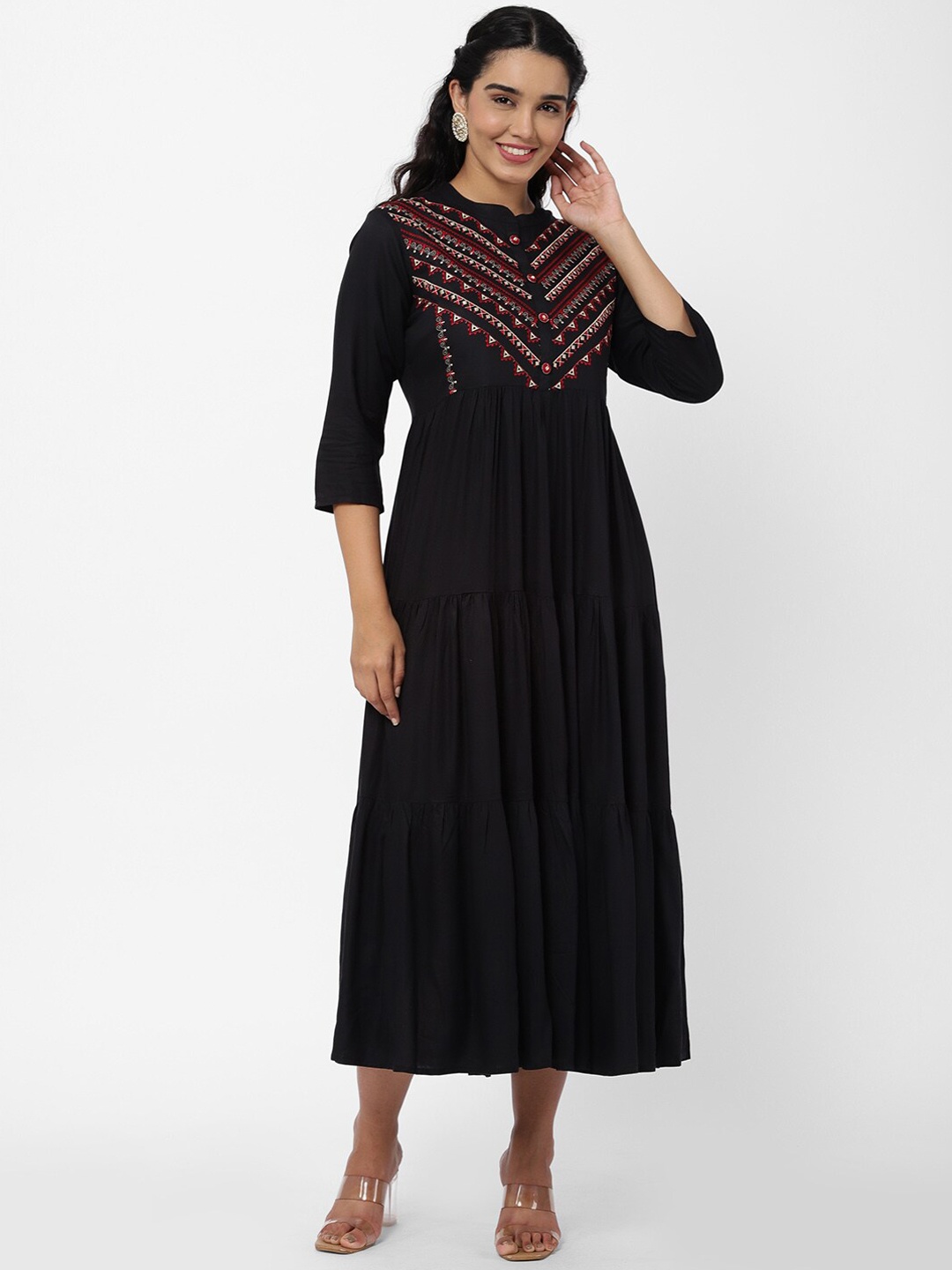 

R&B Black Embroidered Ethnic A-Line Midi Dress