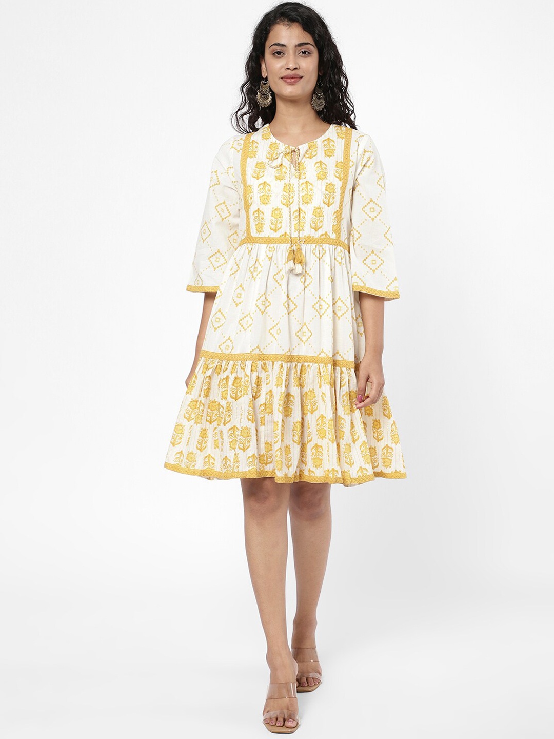 

R&B Women Yellow & White Ethnic Motifs Cotton Tie-Up Neck Dress
