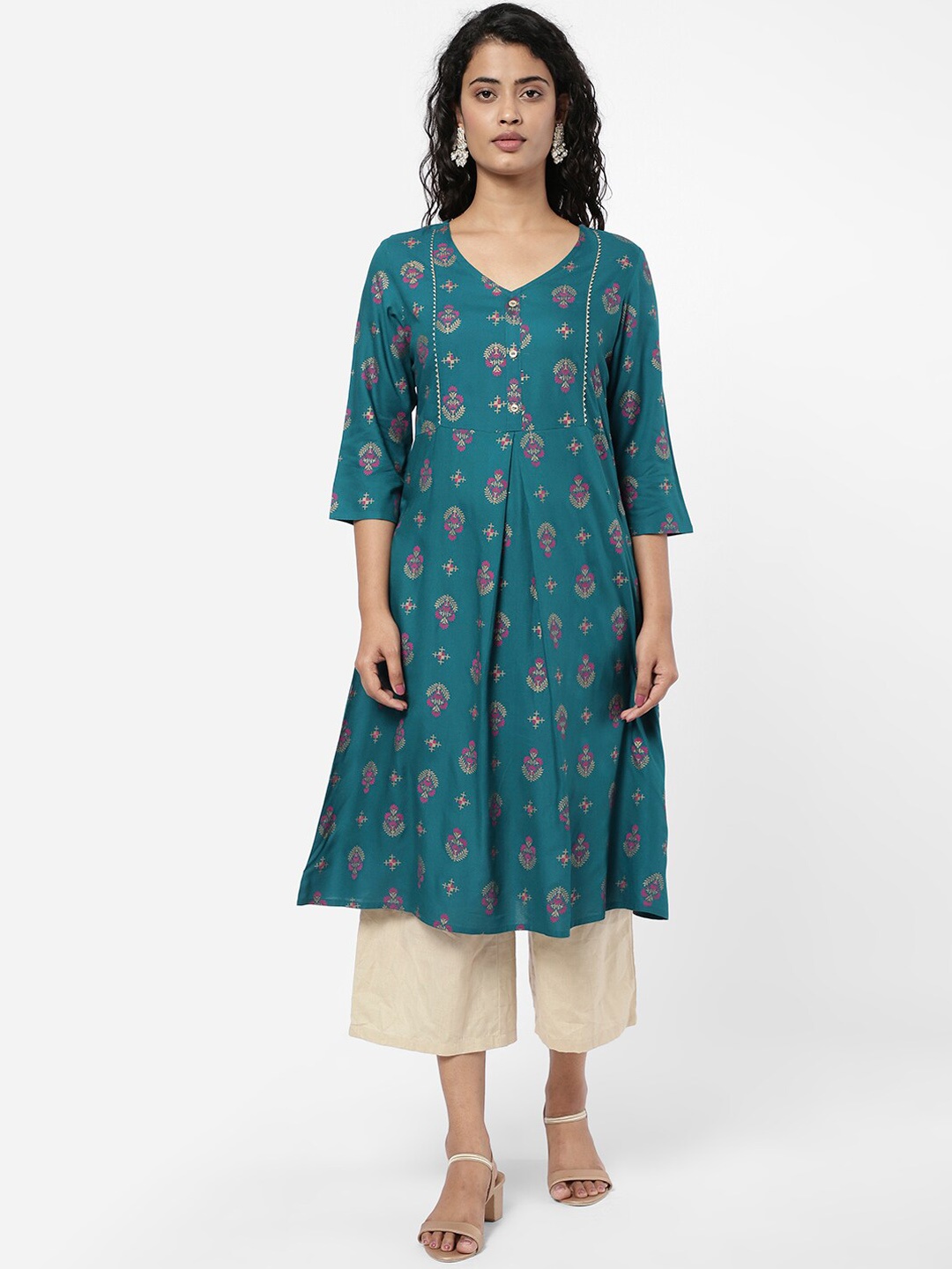 

R&B Women Blue Floral Printed V-Neck Kurta