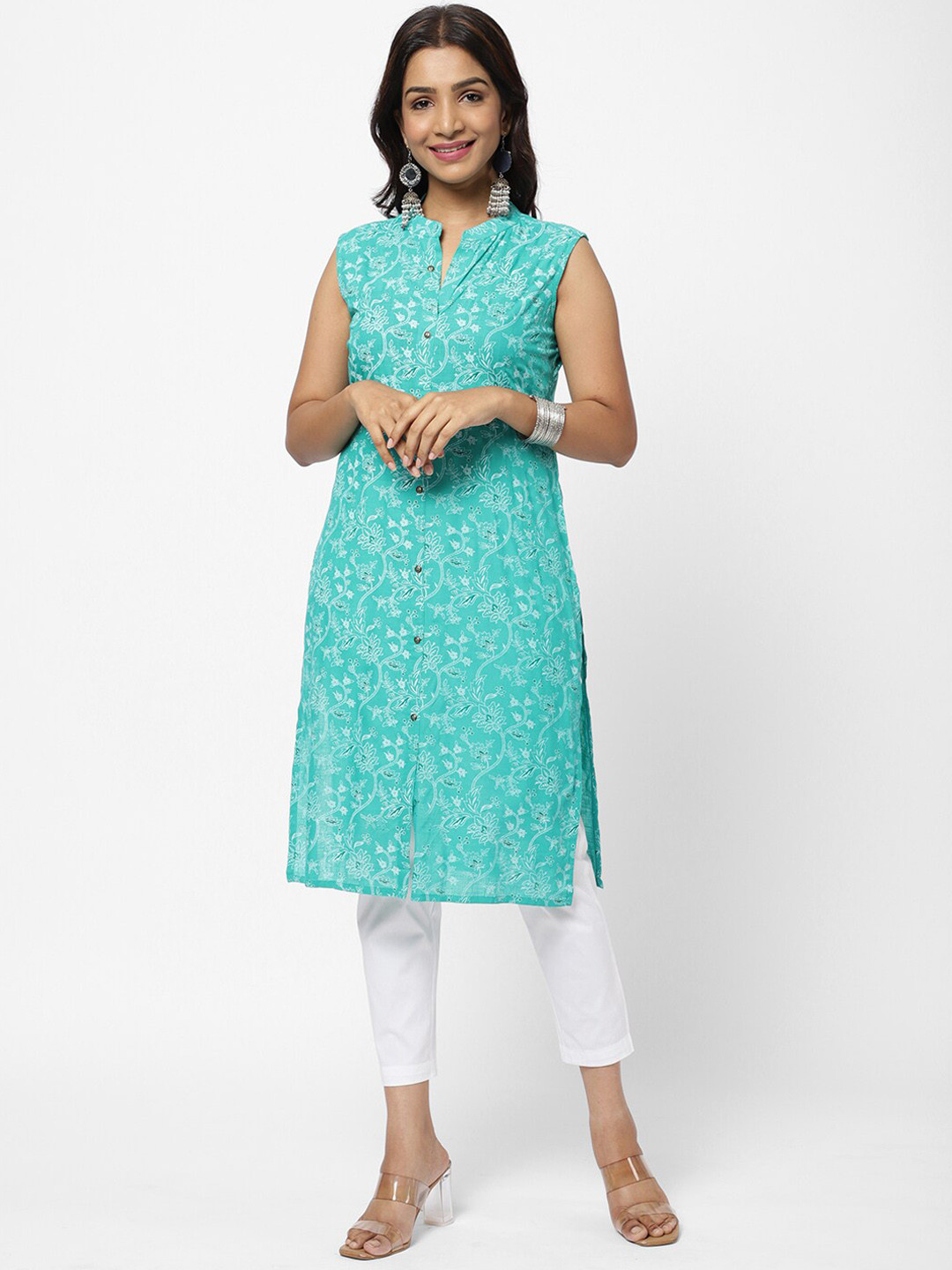 

R&B Women Blue Floral Printed Straight Kurta
