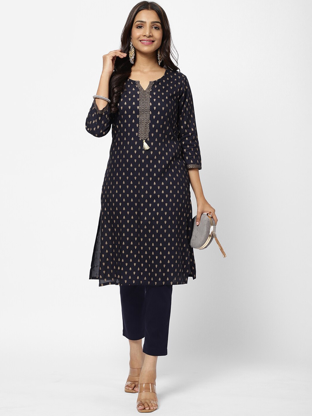 

R&B Women Navy Blue & Beige Ethnic Motifs Printed Kurta