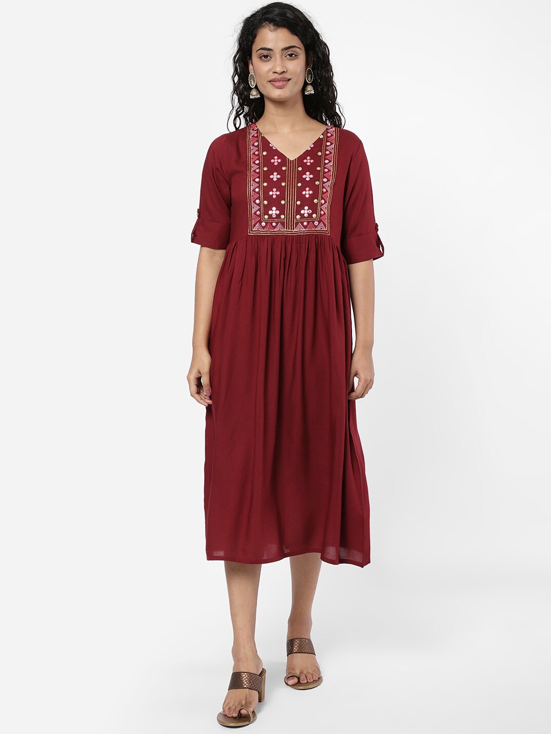 

R&B Maroon Embroidered Mirror Work Ethnic A-Line Midi Dress