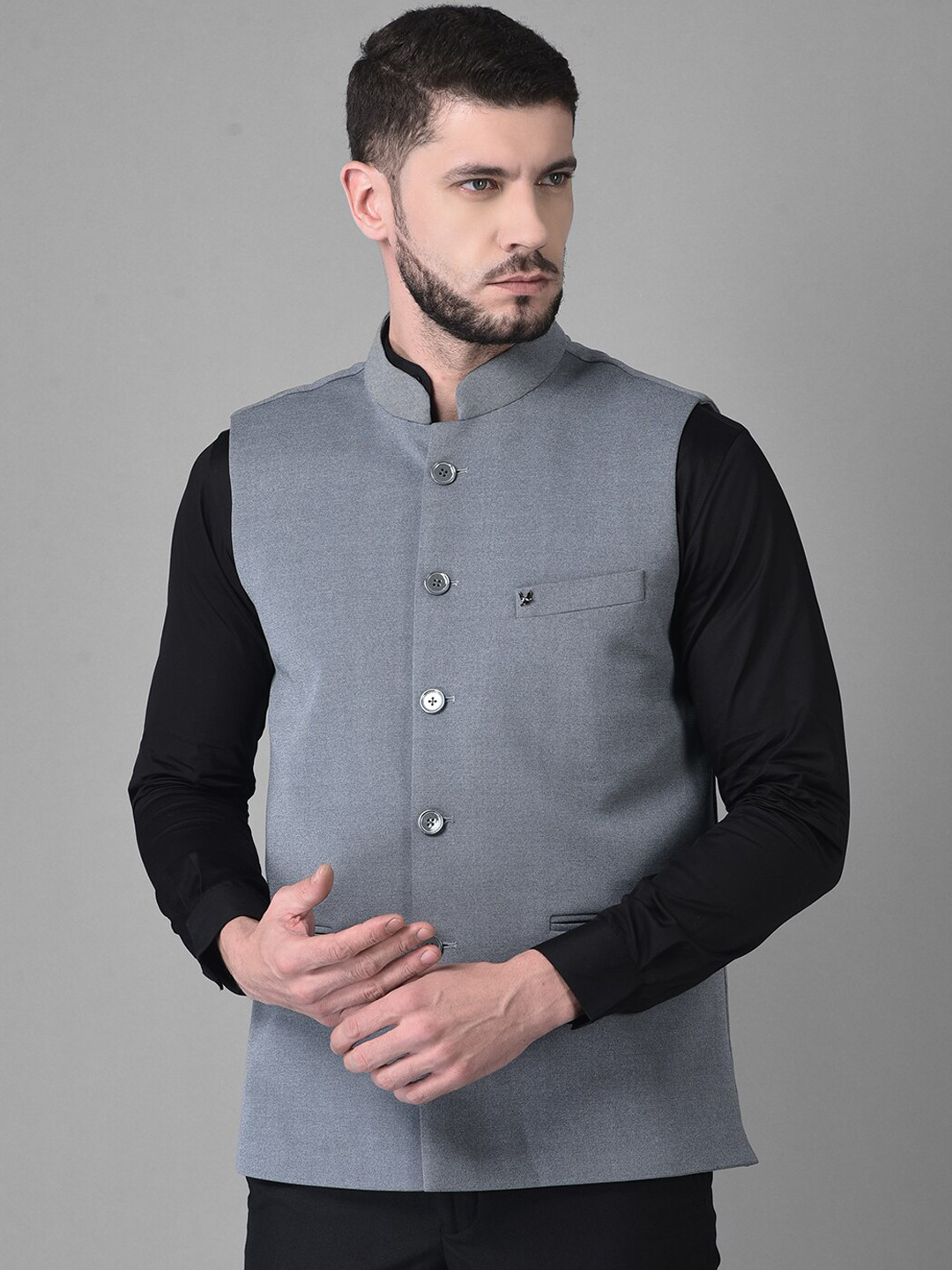 

Canary London Men Light Grey Solid Slim Fit Nehru Jacket