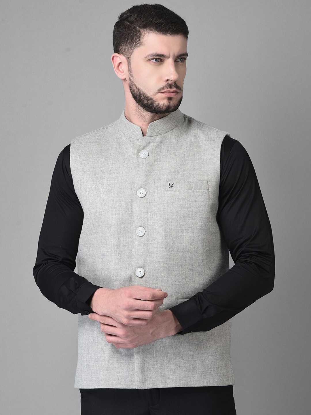 

Canary London Men Light Grey Solid Slim Fit Nehru Jacket