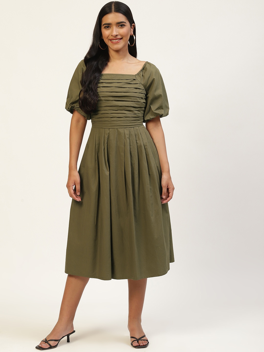 

MISRI Women Olive Green Solid Pleated Formal Dress
