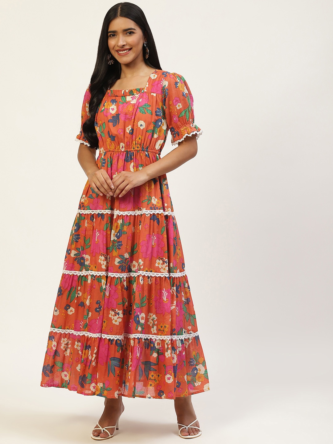 

MISRI Orange & Blue Printed Floral Tiered Puff Sleeves Maxi Dress