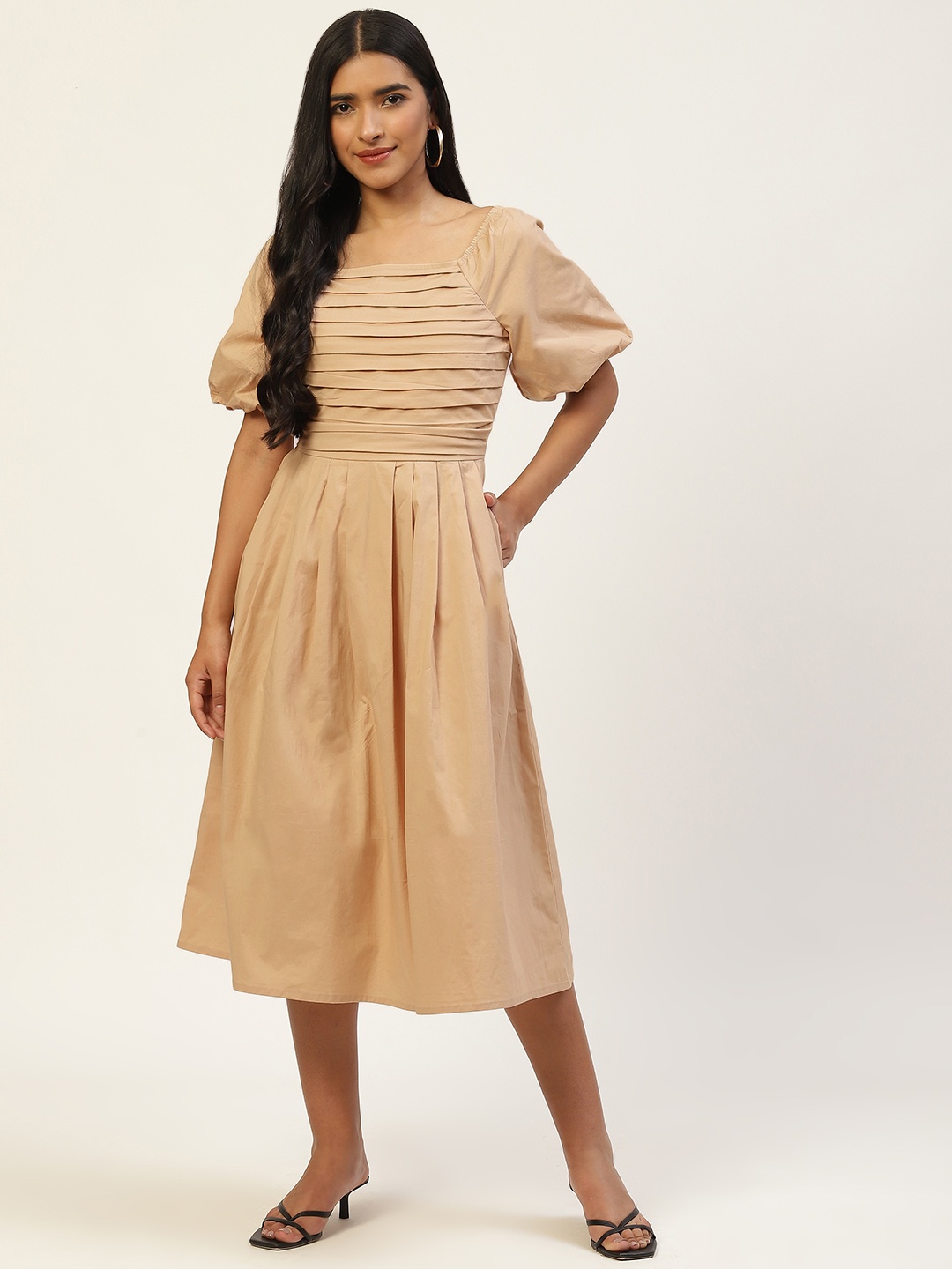 

MISRI Women Beige Puff Sleeves Pleated Formal Dress